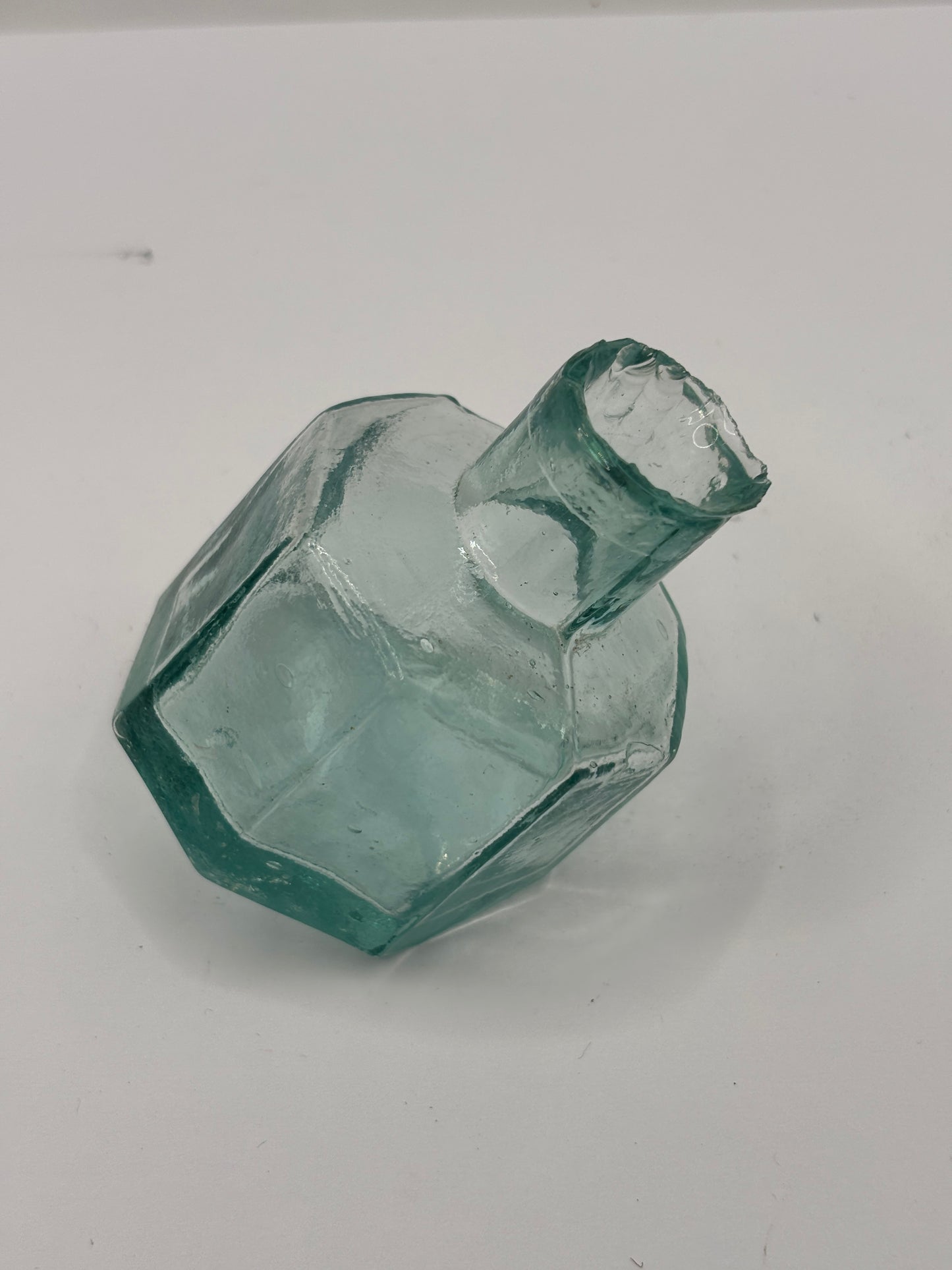 Old aqua glass inkwell, tipper ink, ink bottle, penny ink