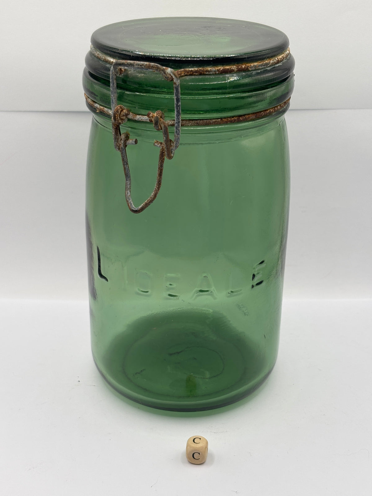 Old French green glass canning jar, L’ideal (c)