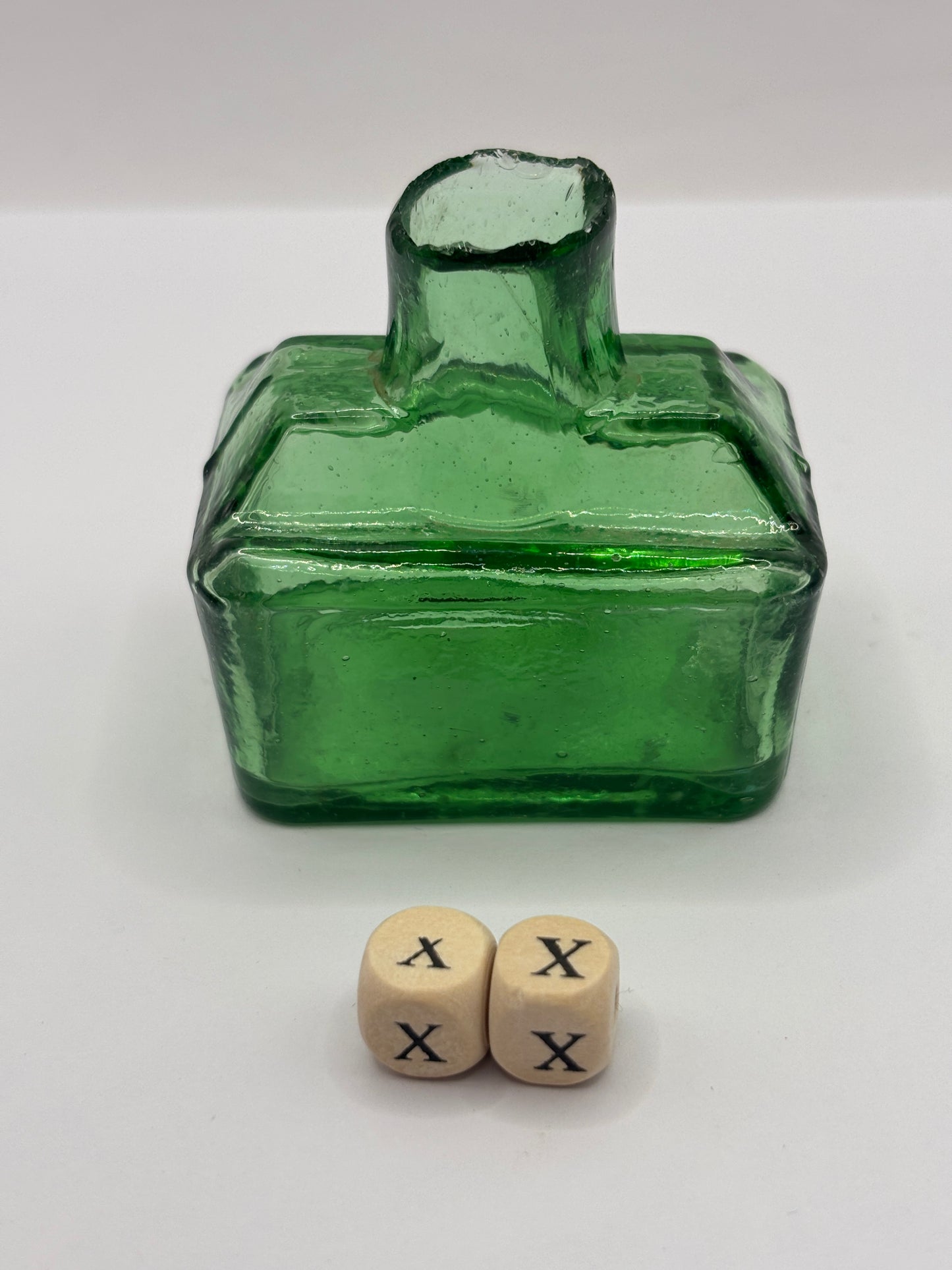 Old green glass boat ink, inkwell (XX)