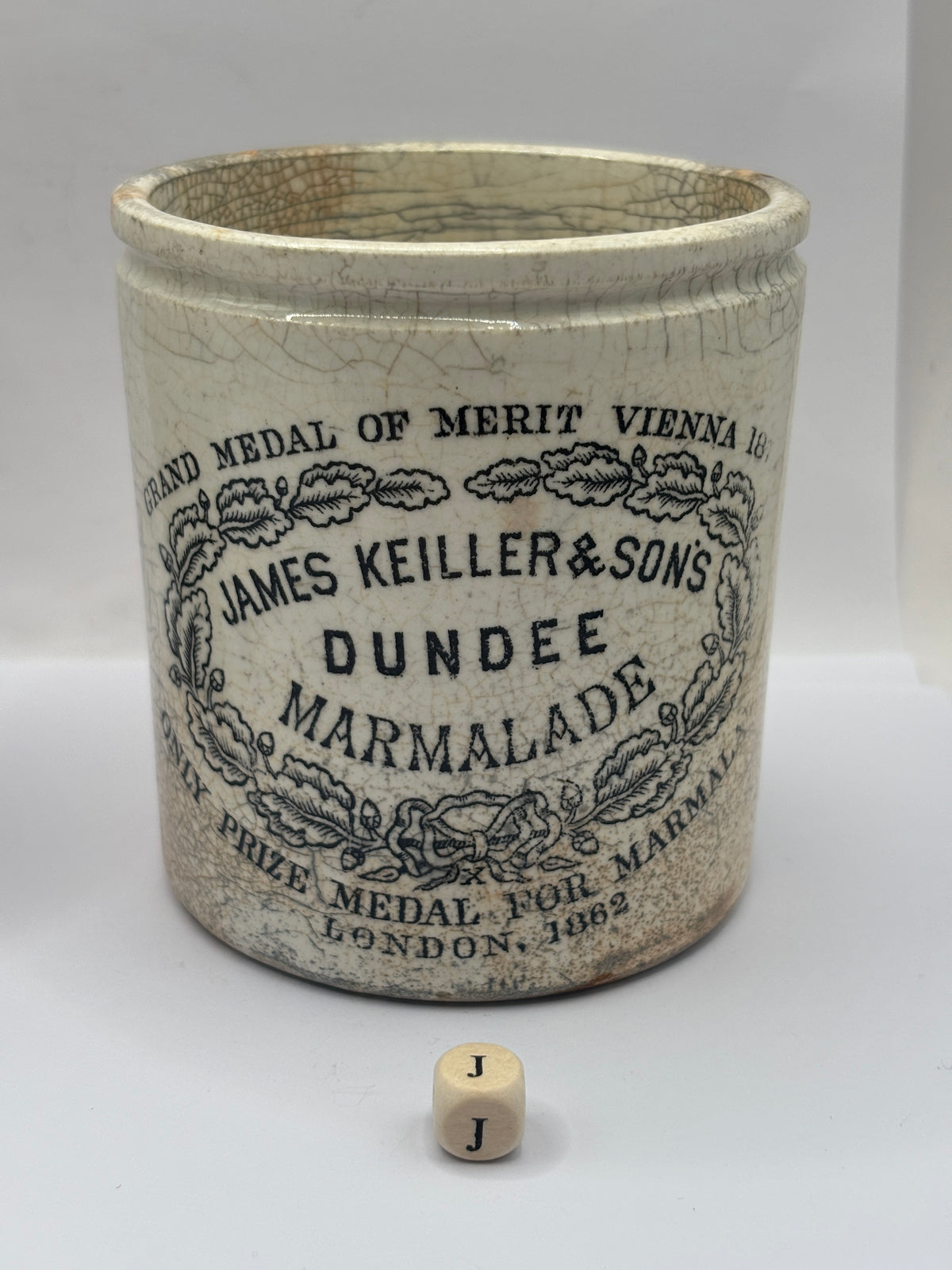 Old 1lb stoneware marmalade pot, James Keiller Dundee marmalade (J)