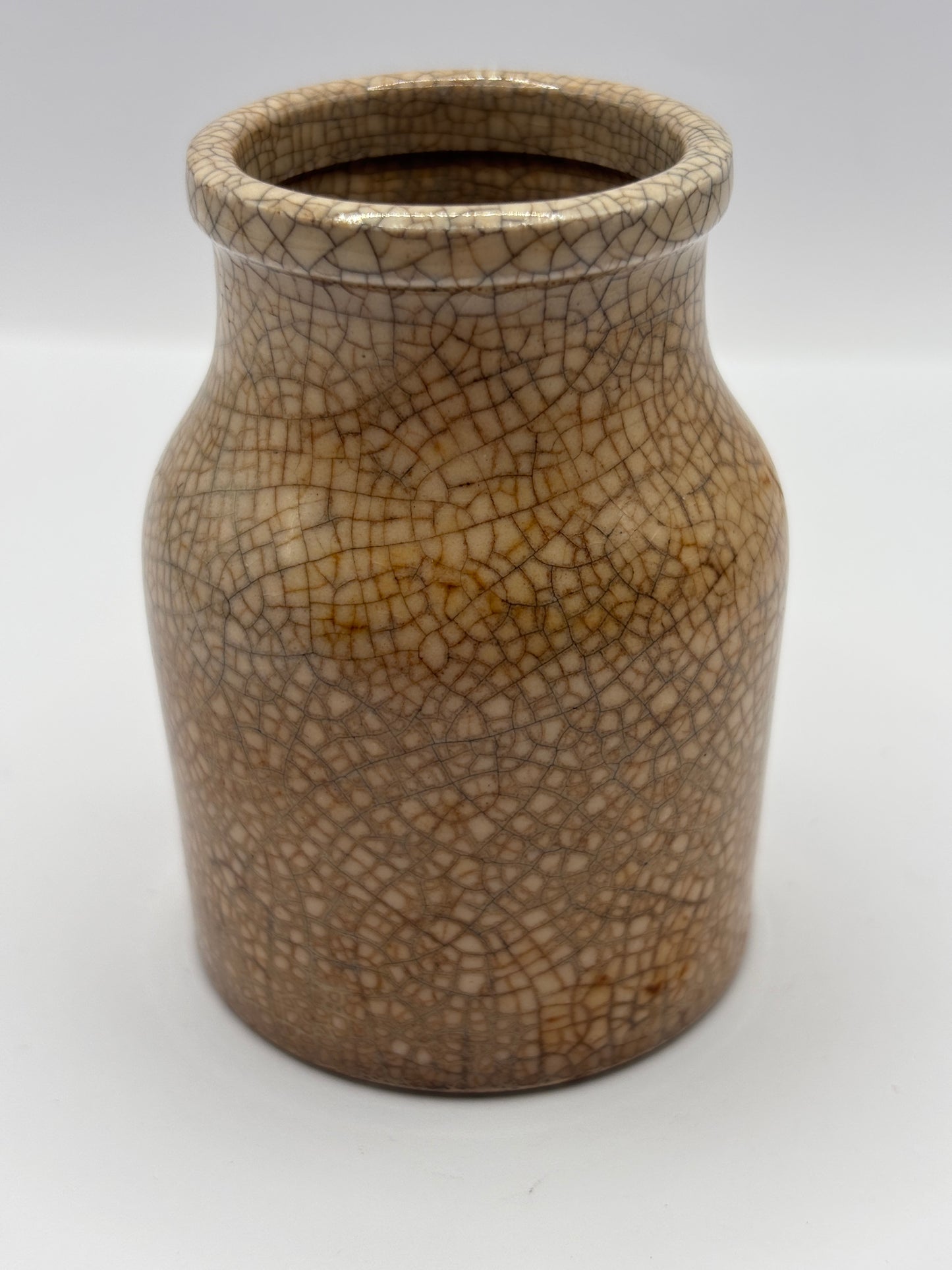 Old small stained & crazed stoneware pot