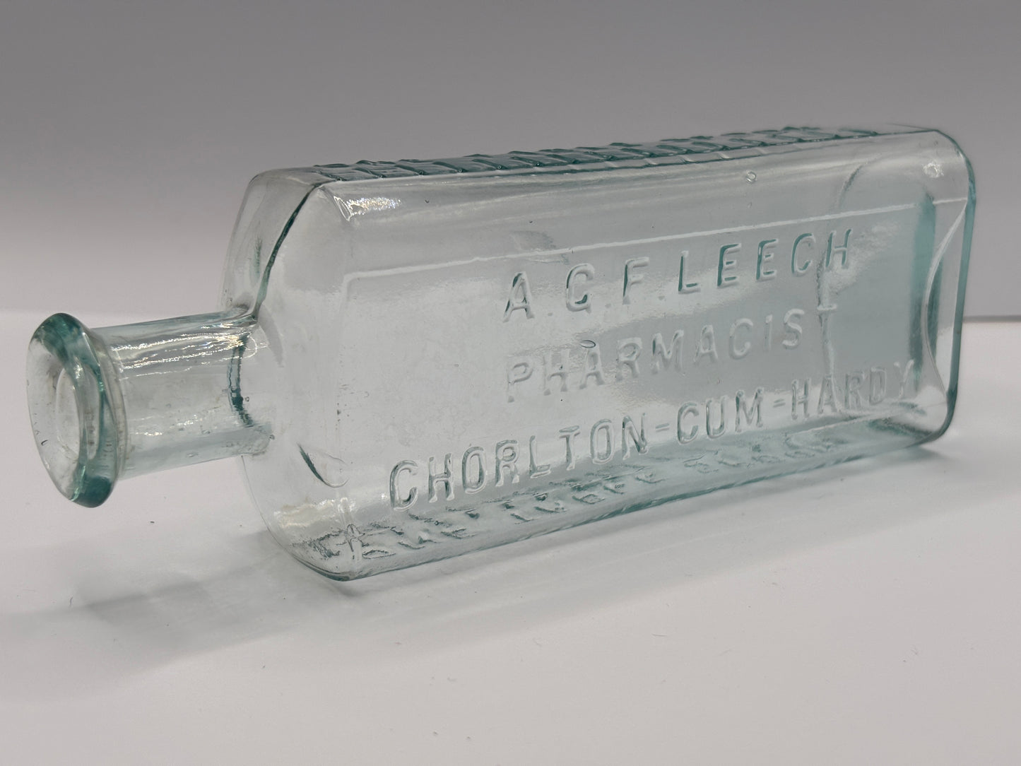 Old aqua glass chemist bottle, AGF LEECH PHARMACIST