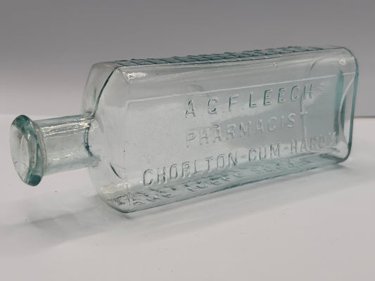 Old aqua glass chemist bottle, AGF LEECH PHARMACIST
