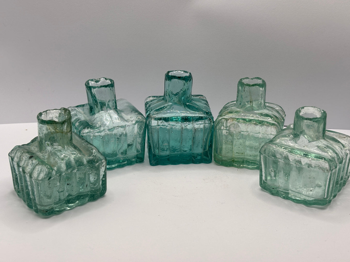 5 old aqua glass ribbed inkwells, ink bottles, penny inks