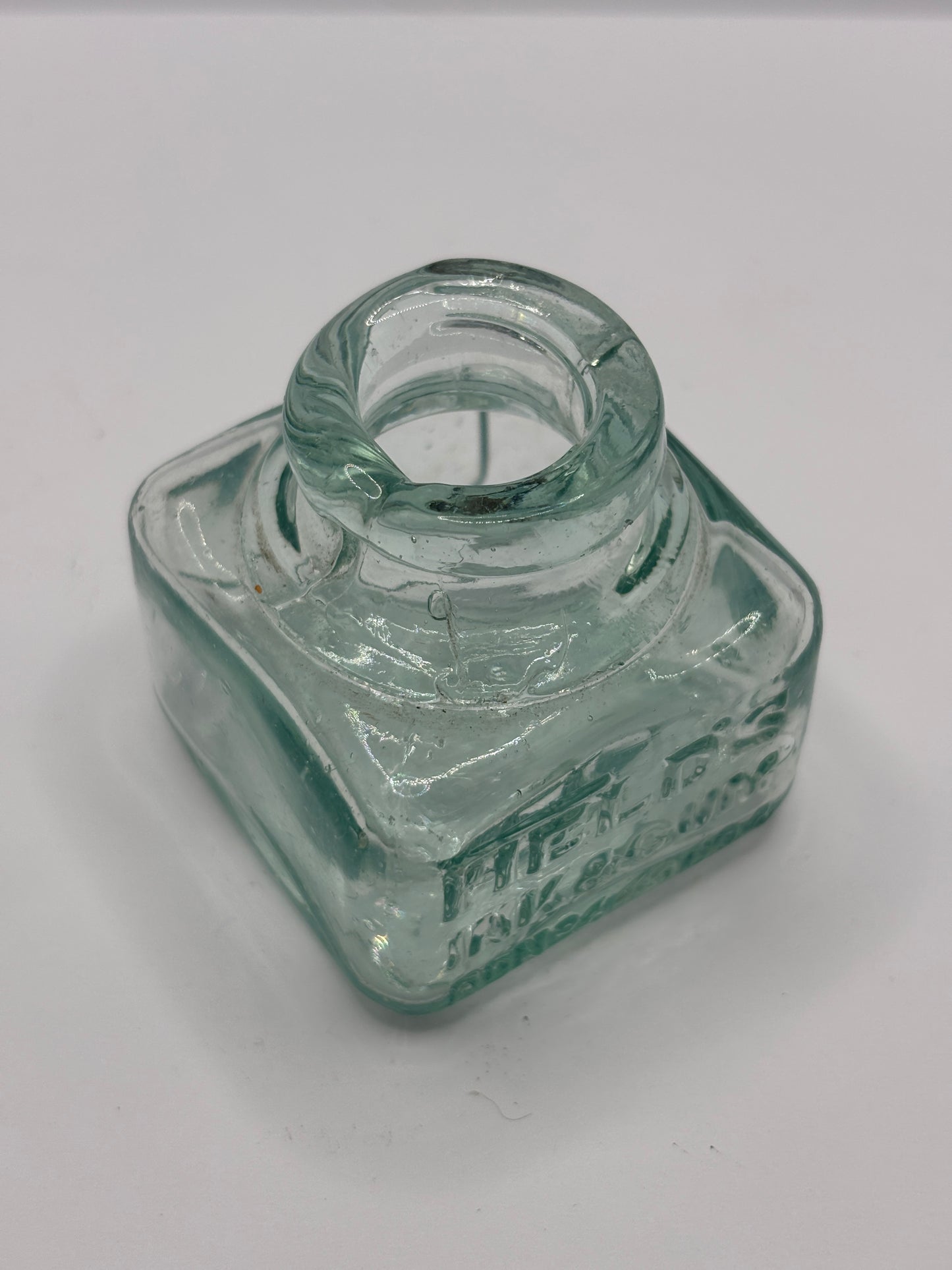 Old aqua glass ink bottle, inkwell. fields ink & gum