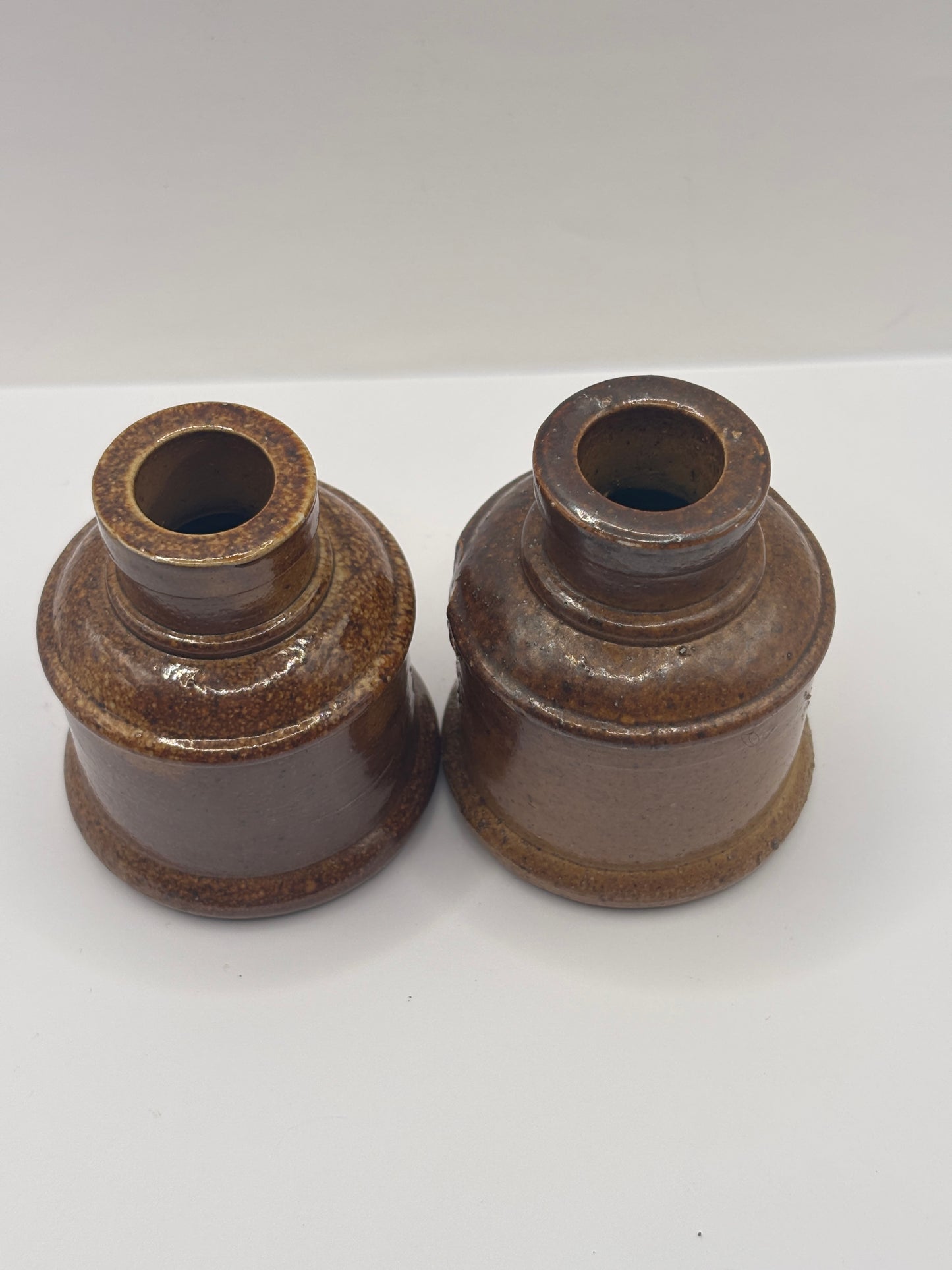 2 brown stoneware inkwells, ink bottles