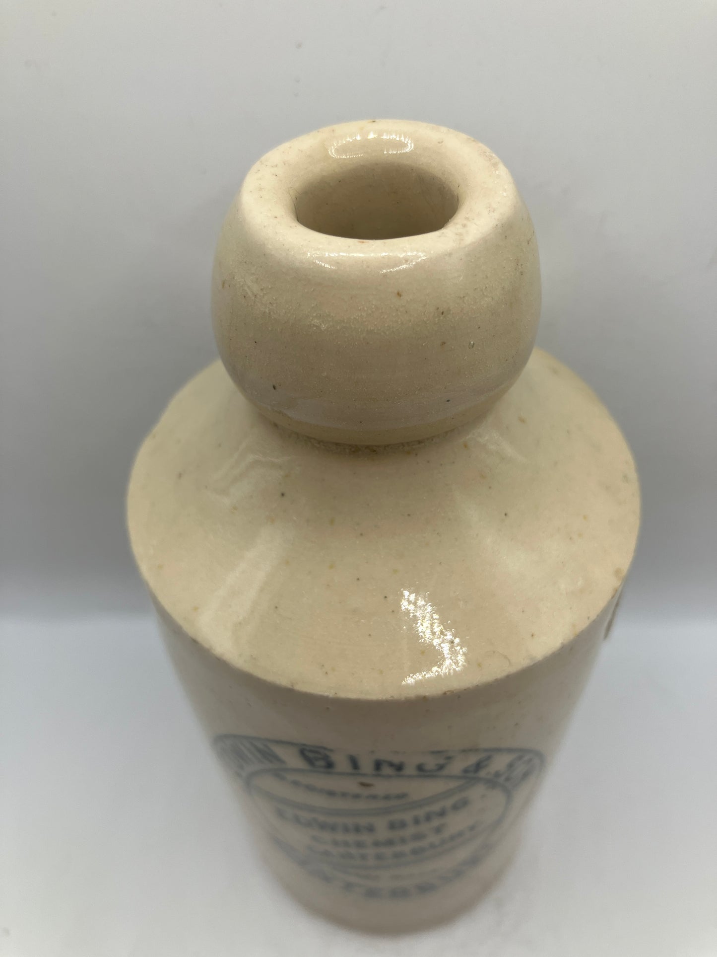 White stoneware ginger beer bottle, Canterbury