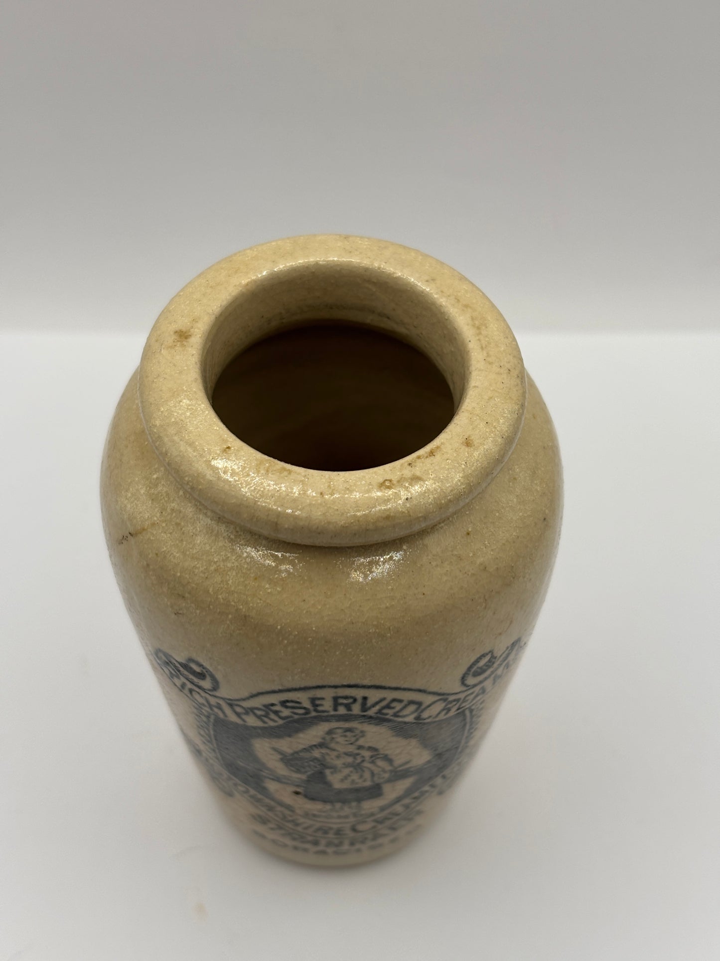 Old advertising cream pot, Rich preserved cream, Stranraer. Stained & crazed