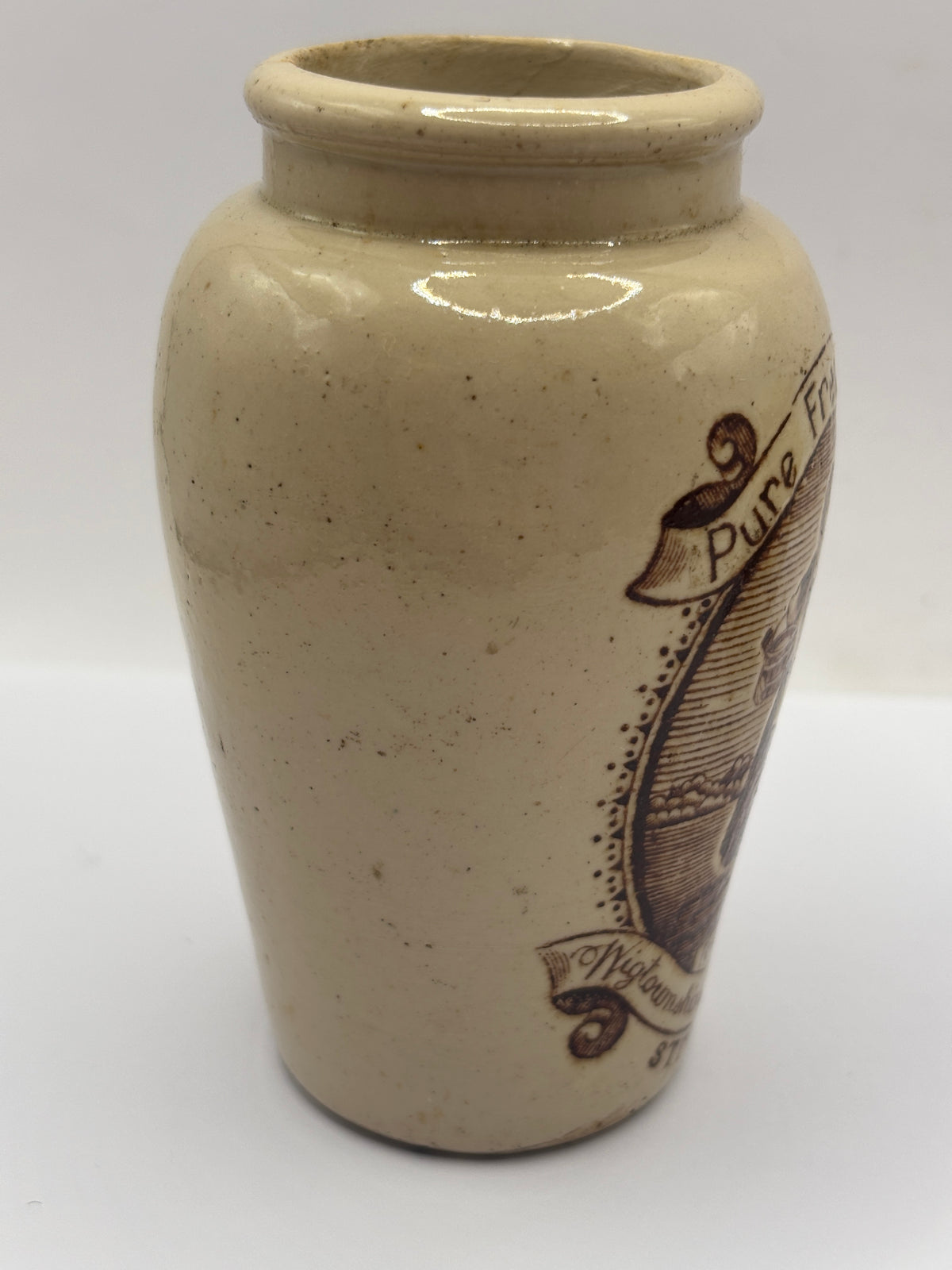 Old advertising cream pot, rich preserved cream stranraer, milkmaid. Serpia print