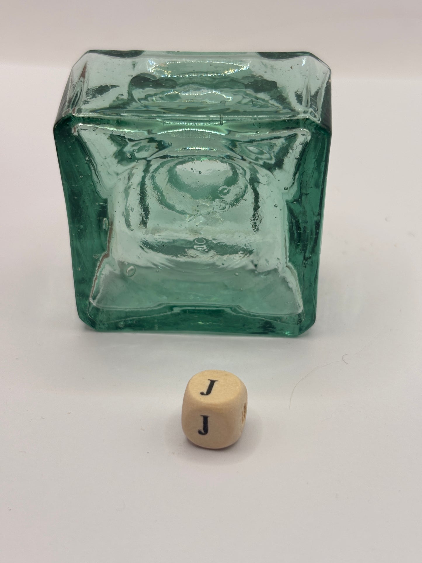 Old aqua glass inkwell, ink bottle (J)