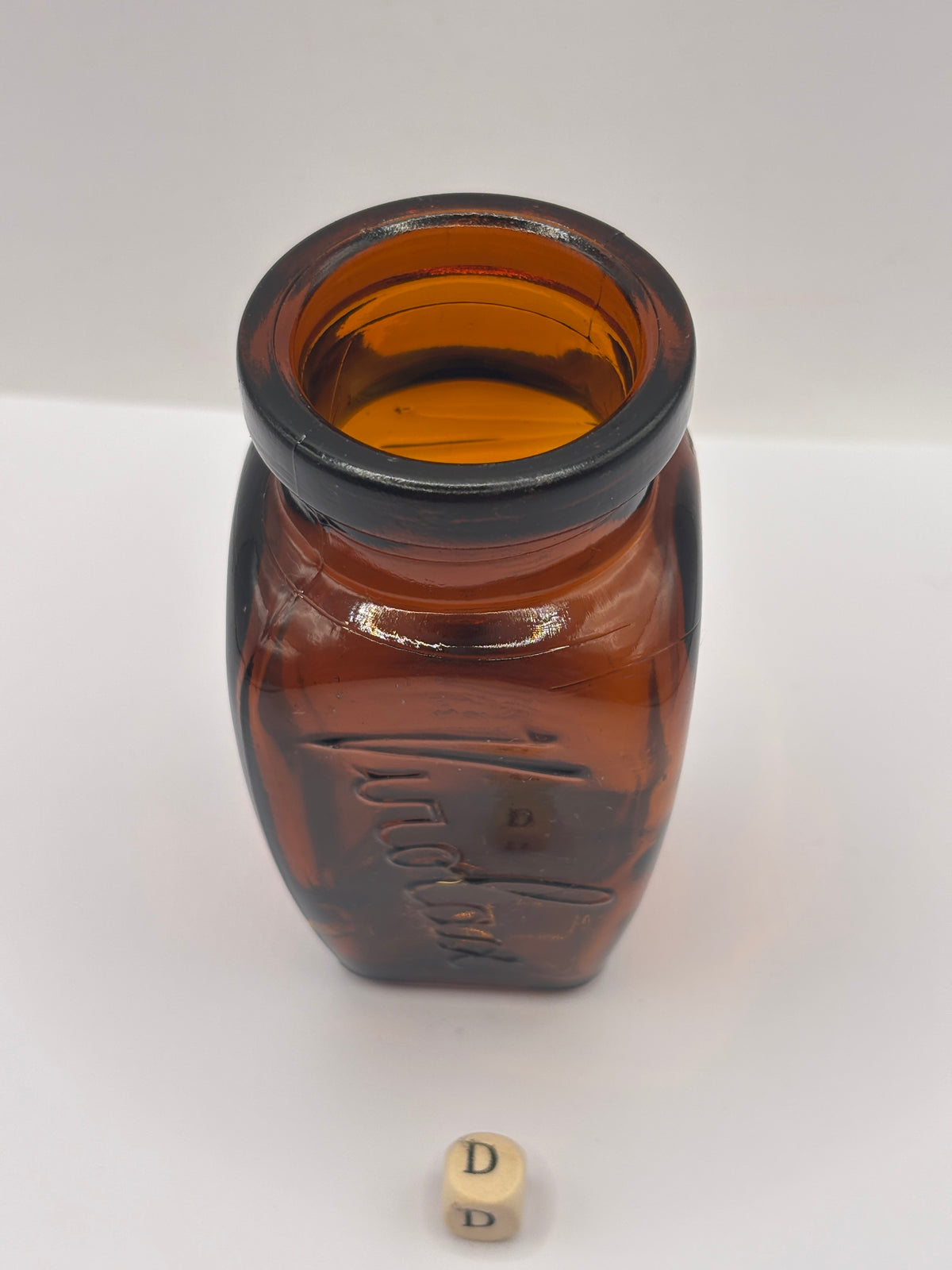 Old amber glass Virolax jar (D)