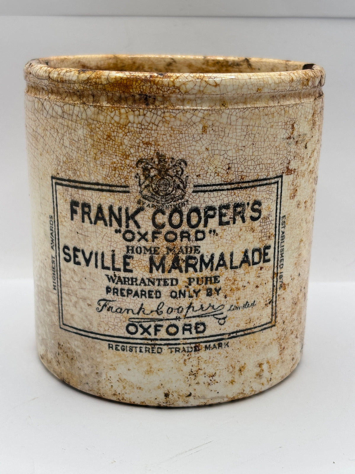 Old 2lb stoneware marmalade pot, Frank Coopers. Damaged