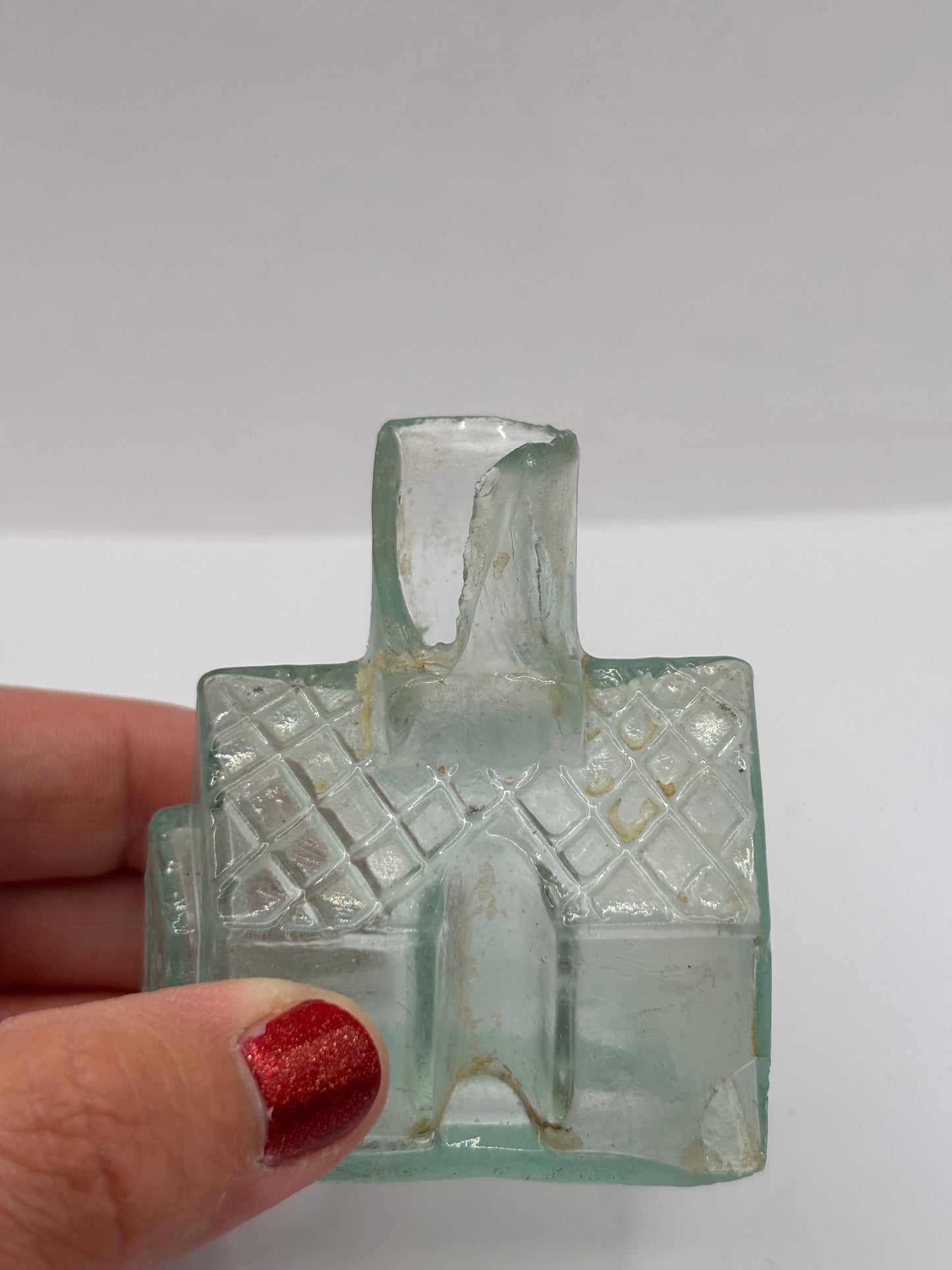 Old aqua glass cottage ink, ink bottle. Inkwell (ST) DAMAGED