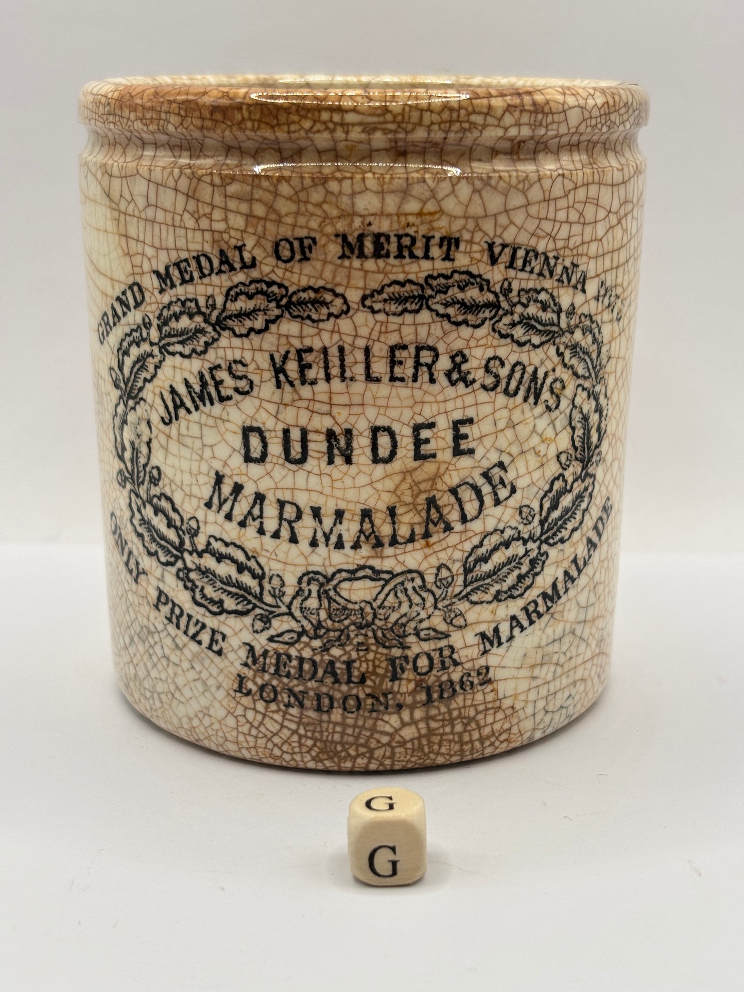 Old 1lb James Keiller Dundee marmalade jar. Damaged (G)