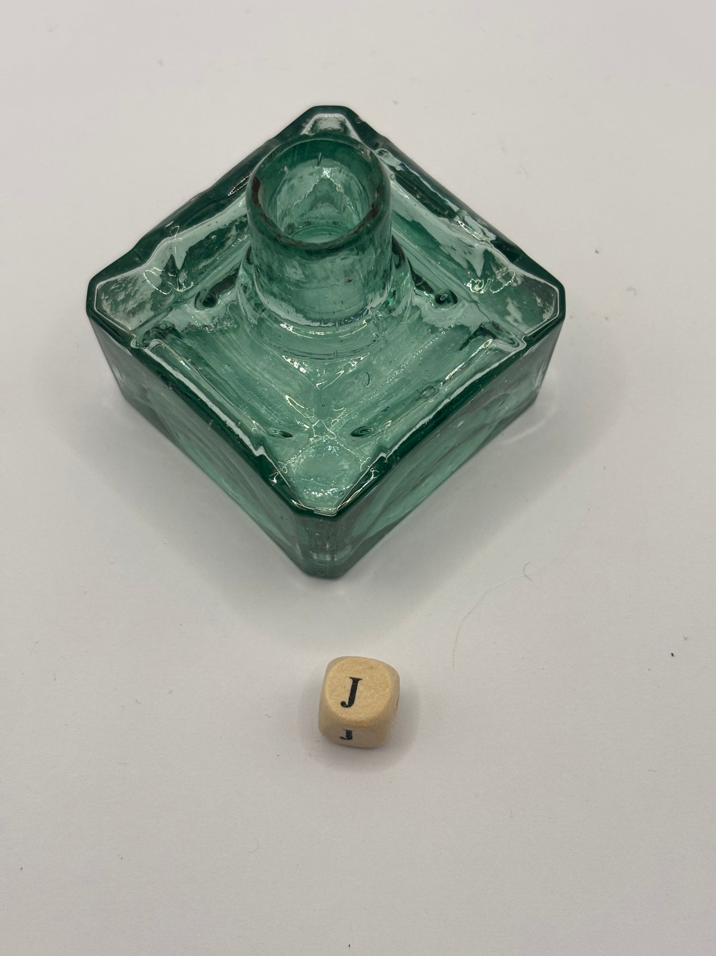 Old aqua glass inkwell, ink bottle (J)