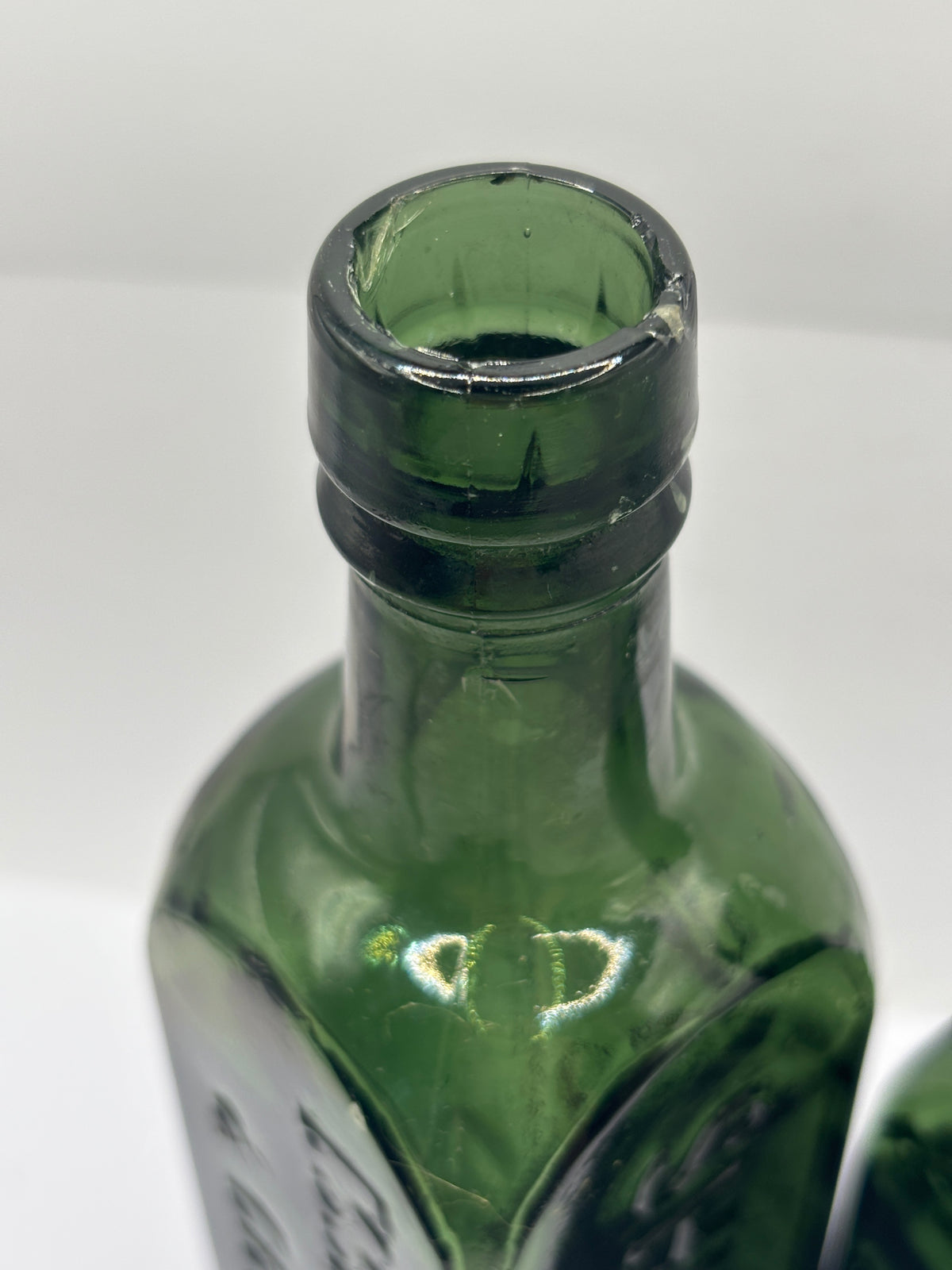 2 Old green glass essence of coffee bottles