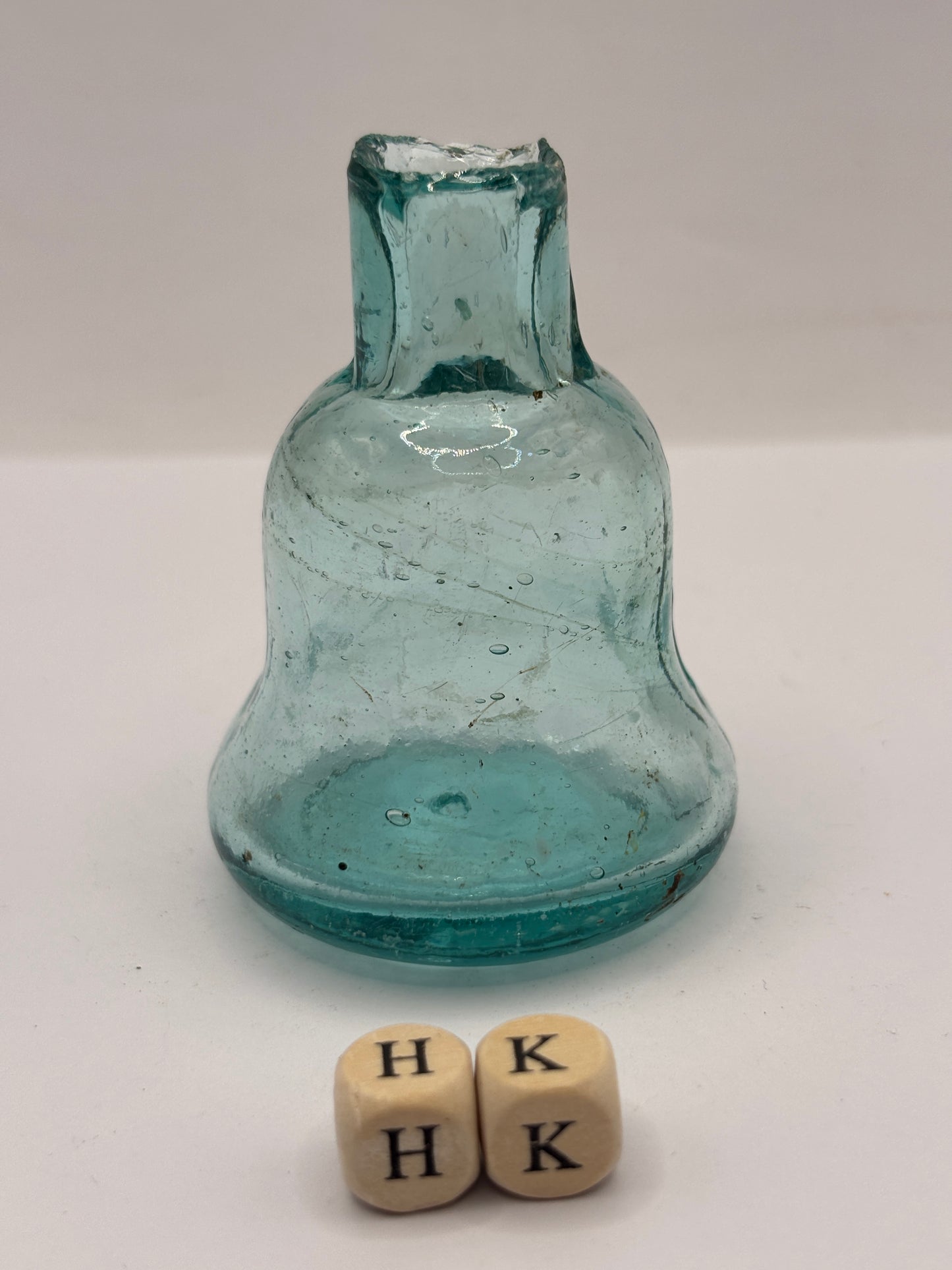 Old aqua glass inkwell, Bell ink (HK)