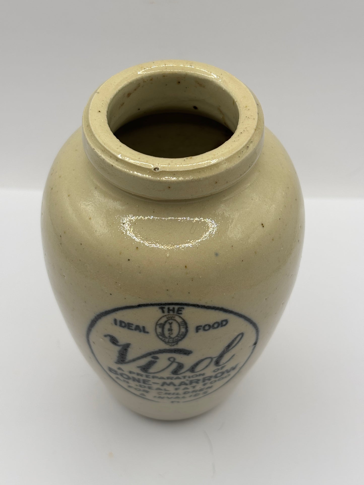Old stoneware advertising Virol jar 13.5cms