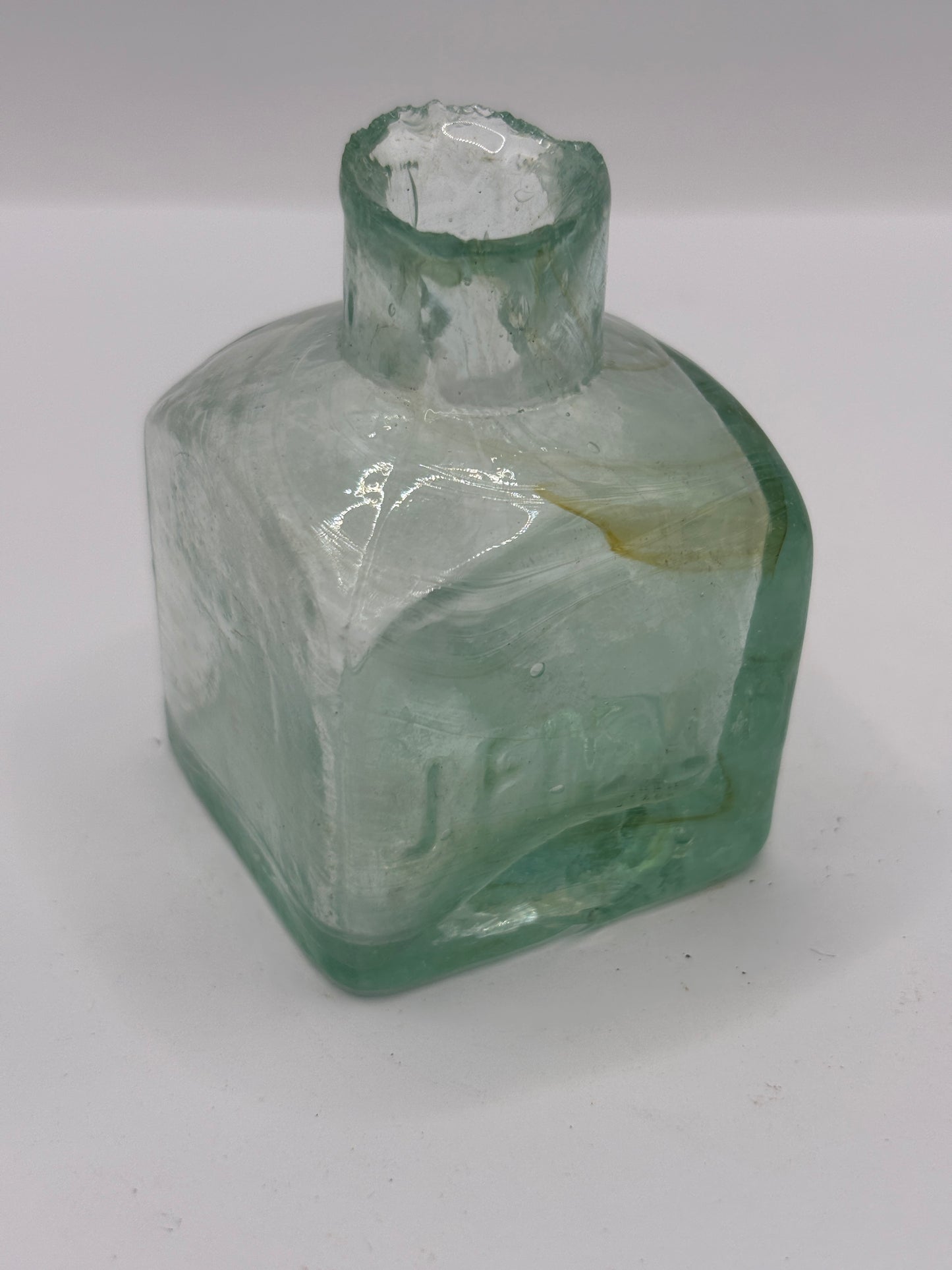Old aqua glass advertising inkwell, ink bottle. Pridge ink