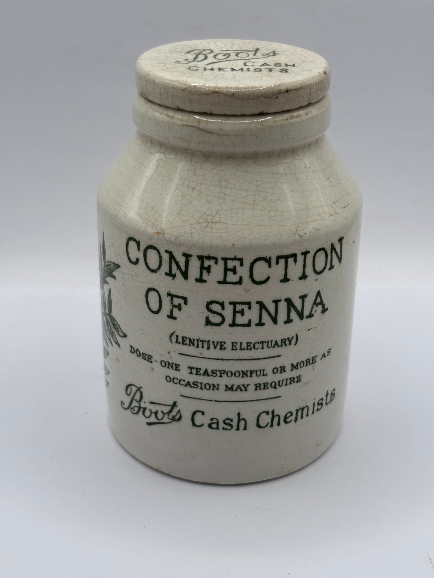 Old advertising jar, Boots confection of senna jar and lid