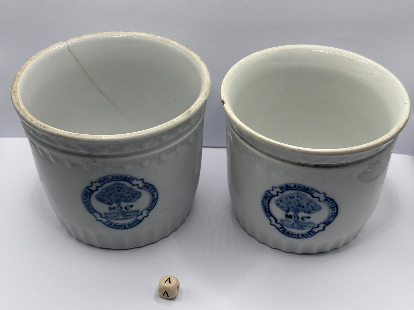 2 Old belgian stoneware jam/ preserve pots damaged (A)