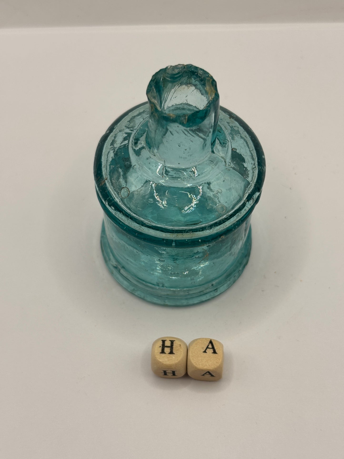 Old dark aqua glass inkwell, penny ink, ink bottle (HA)