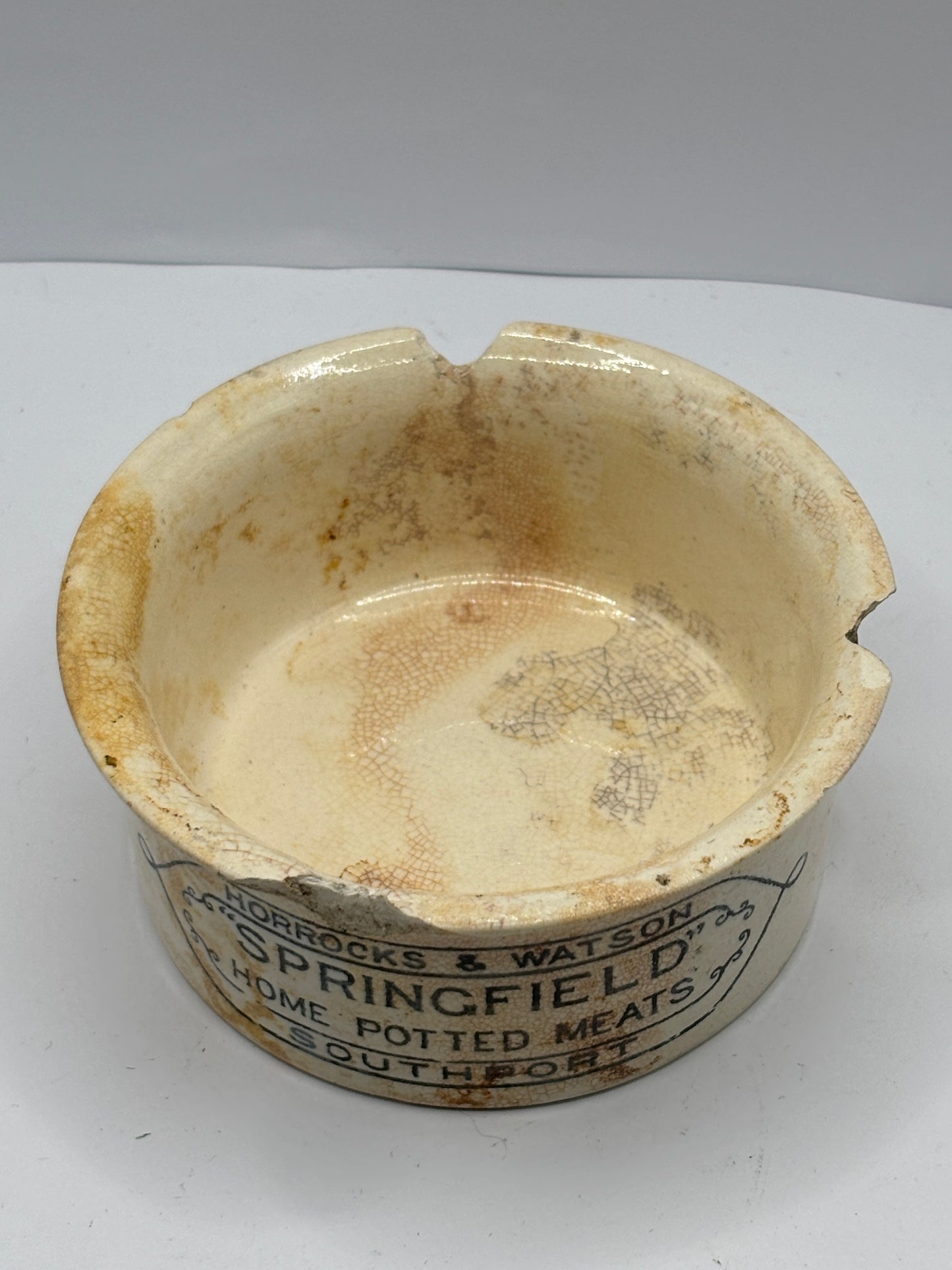 Springfield potted meats advertising pot. Damaged