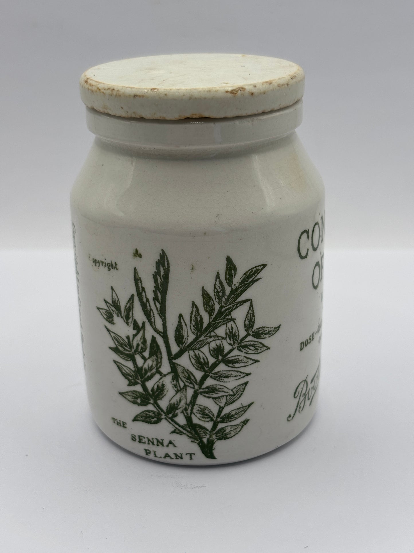 Old stoneware advertising jar and lid, Boots confection of senna