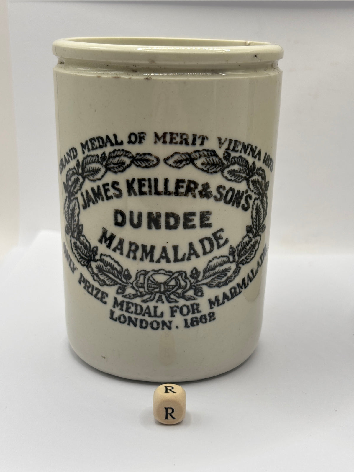 Old 1lb stoneware marmalade pot, James Keiller Dundee marmalade (R)