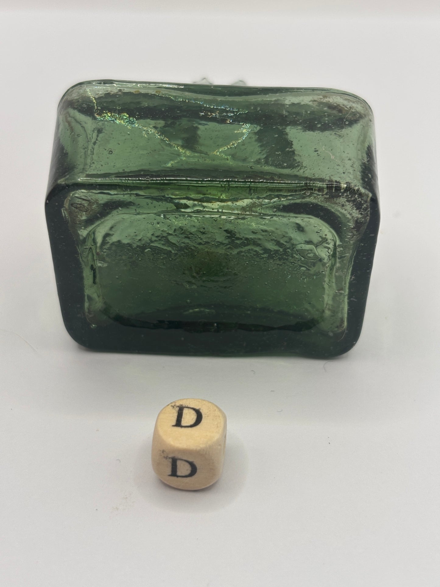 Old green glass boat ink, inkwell. Morrells (D) DAMAGED