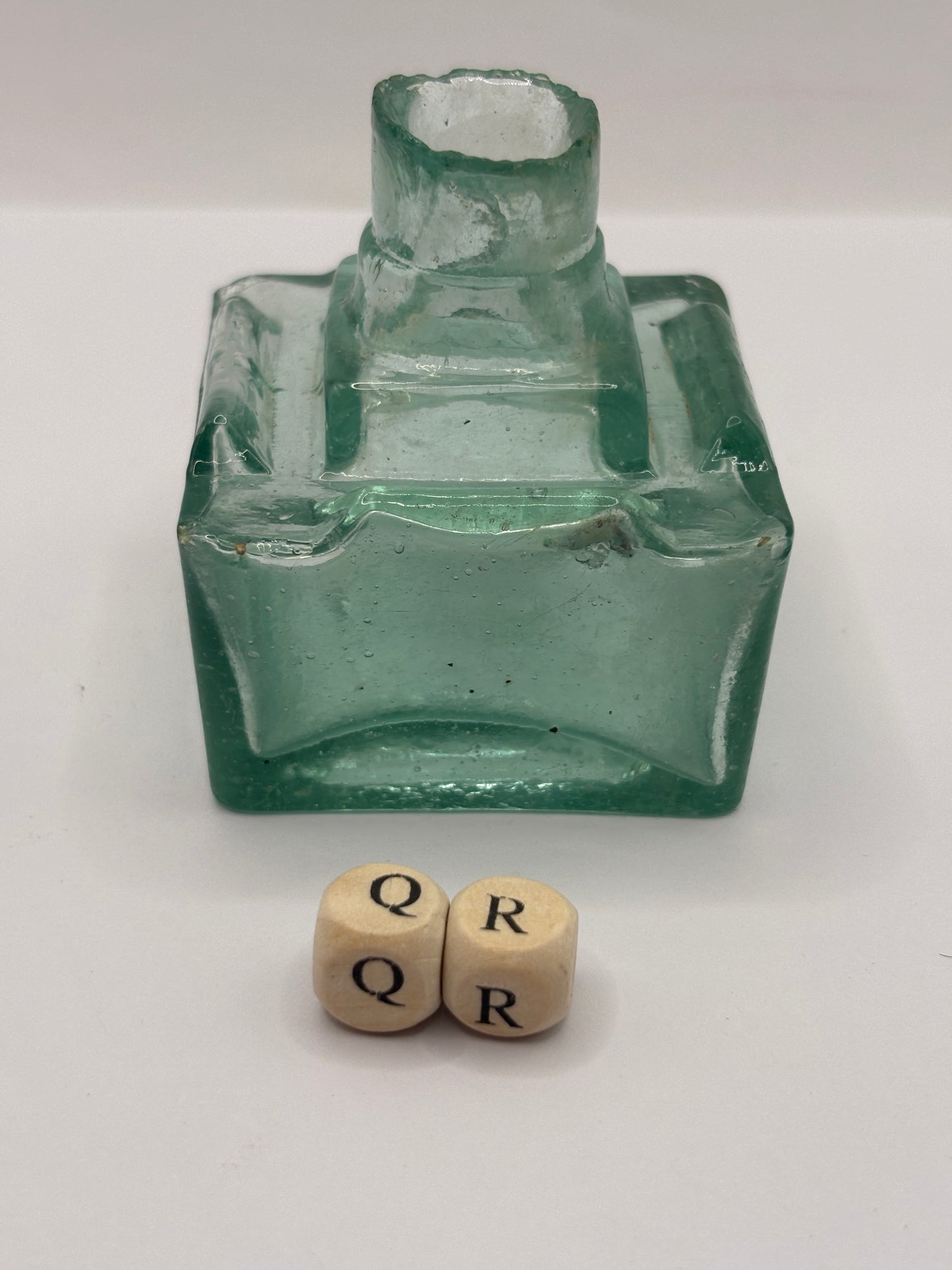 Old aqua glass inkwell (QR)