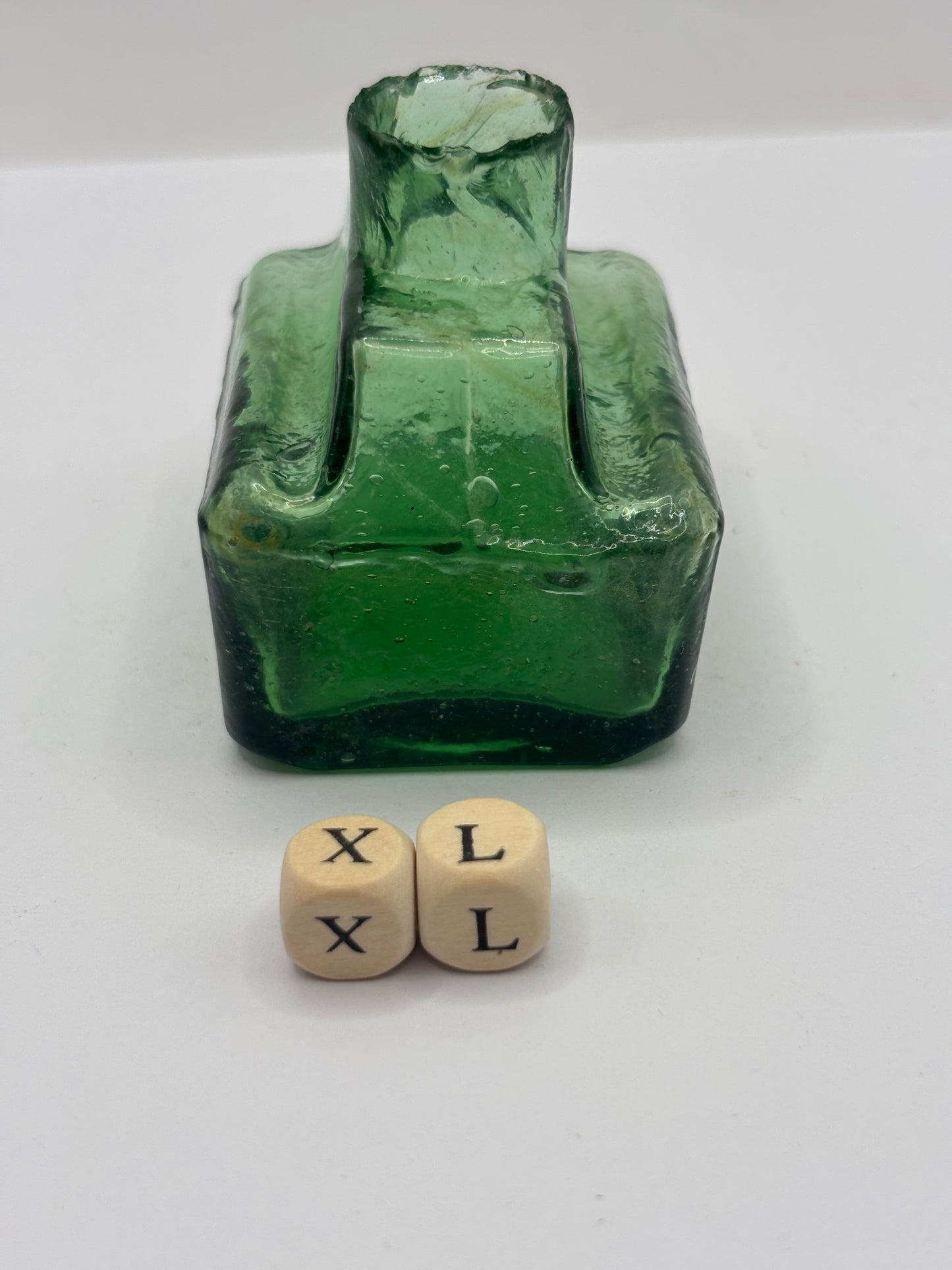 Old green glass boat ink, inkwell, penny ink (XL)