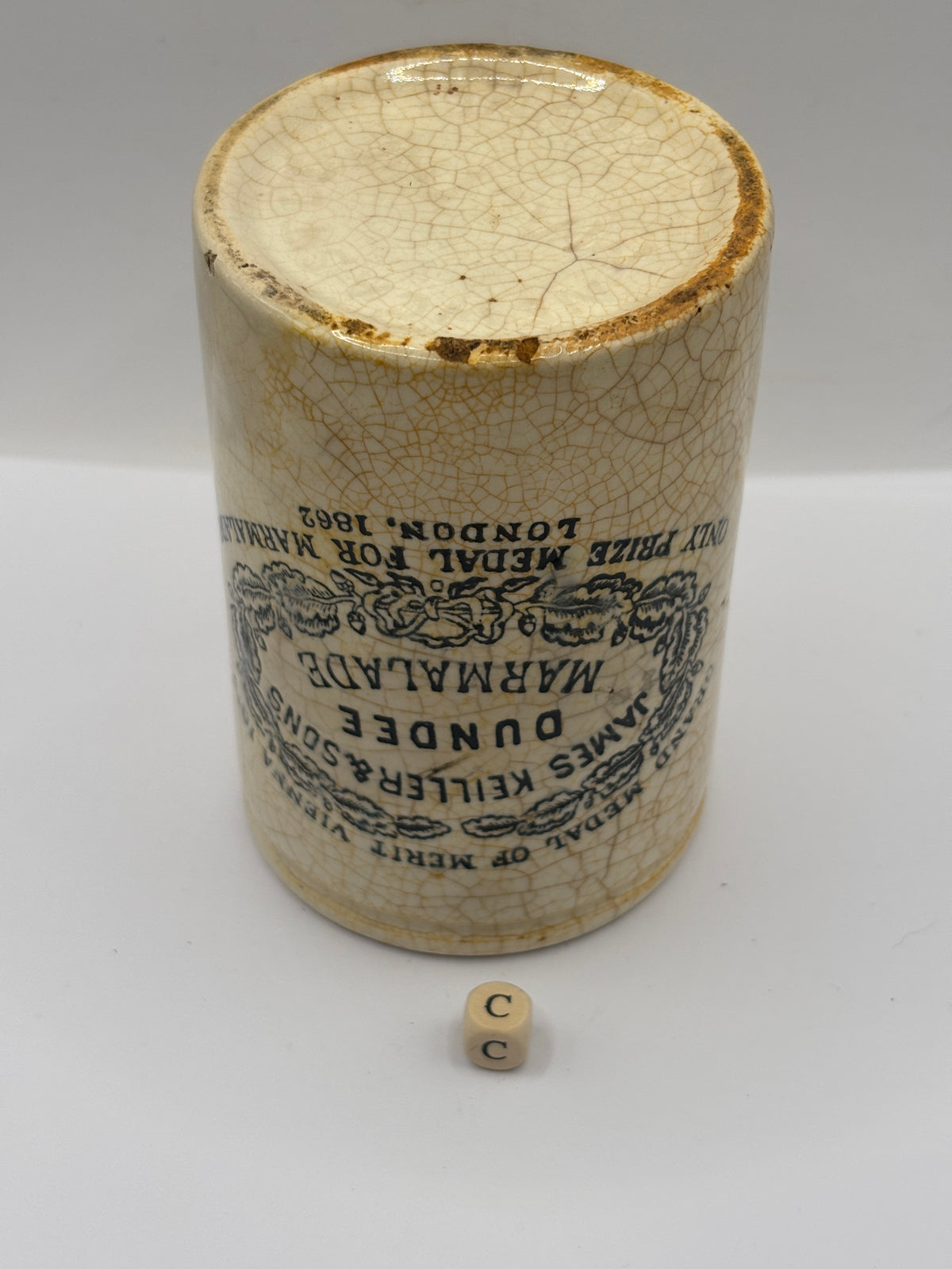 Old 1lb stoneware marmalade pot, James Keiller Dundee marmalade (c)