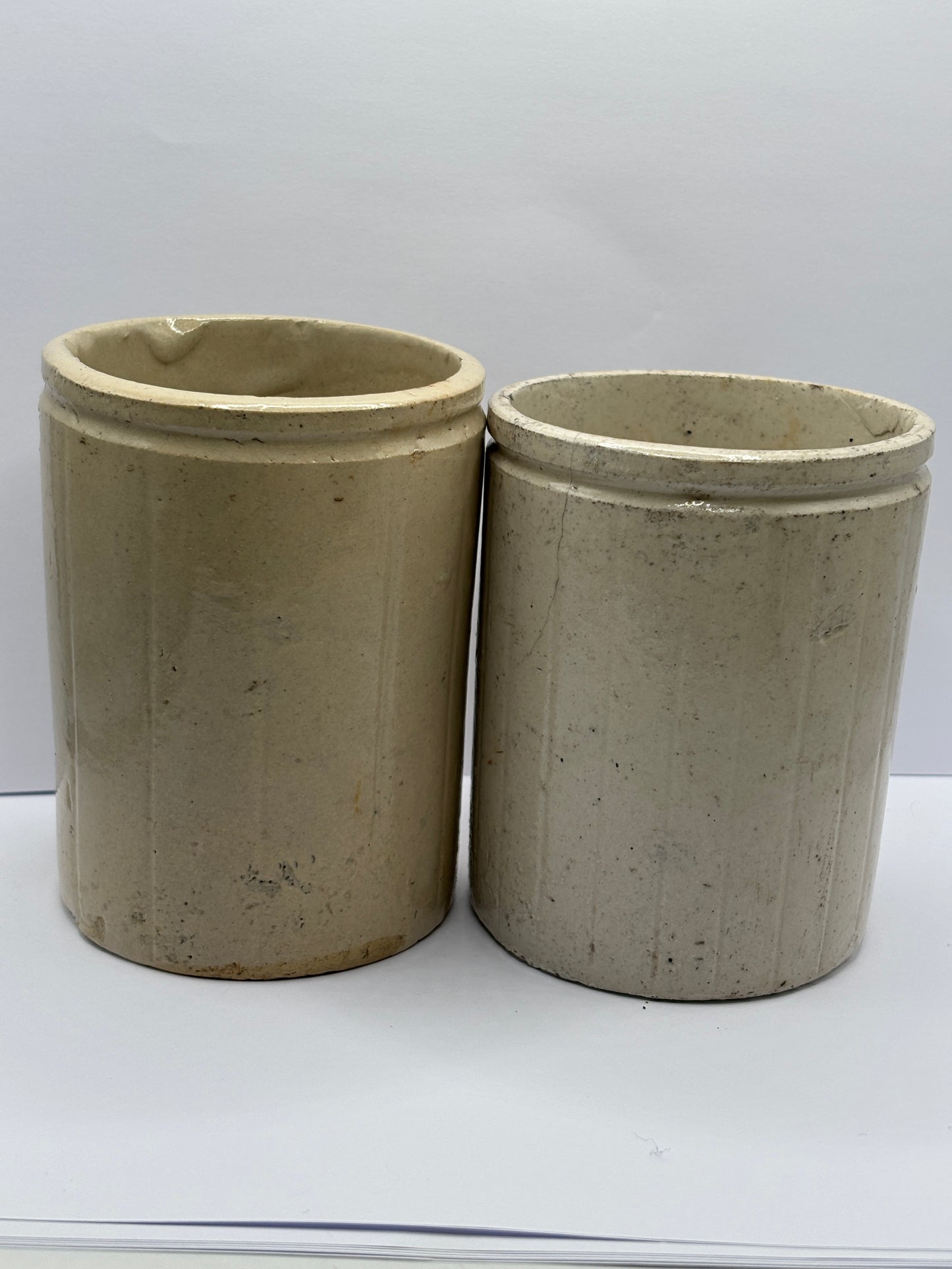 2 old ribbed stoneware jam pots, 1lb size