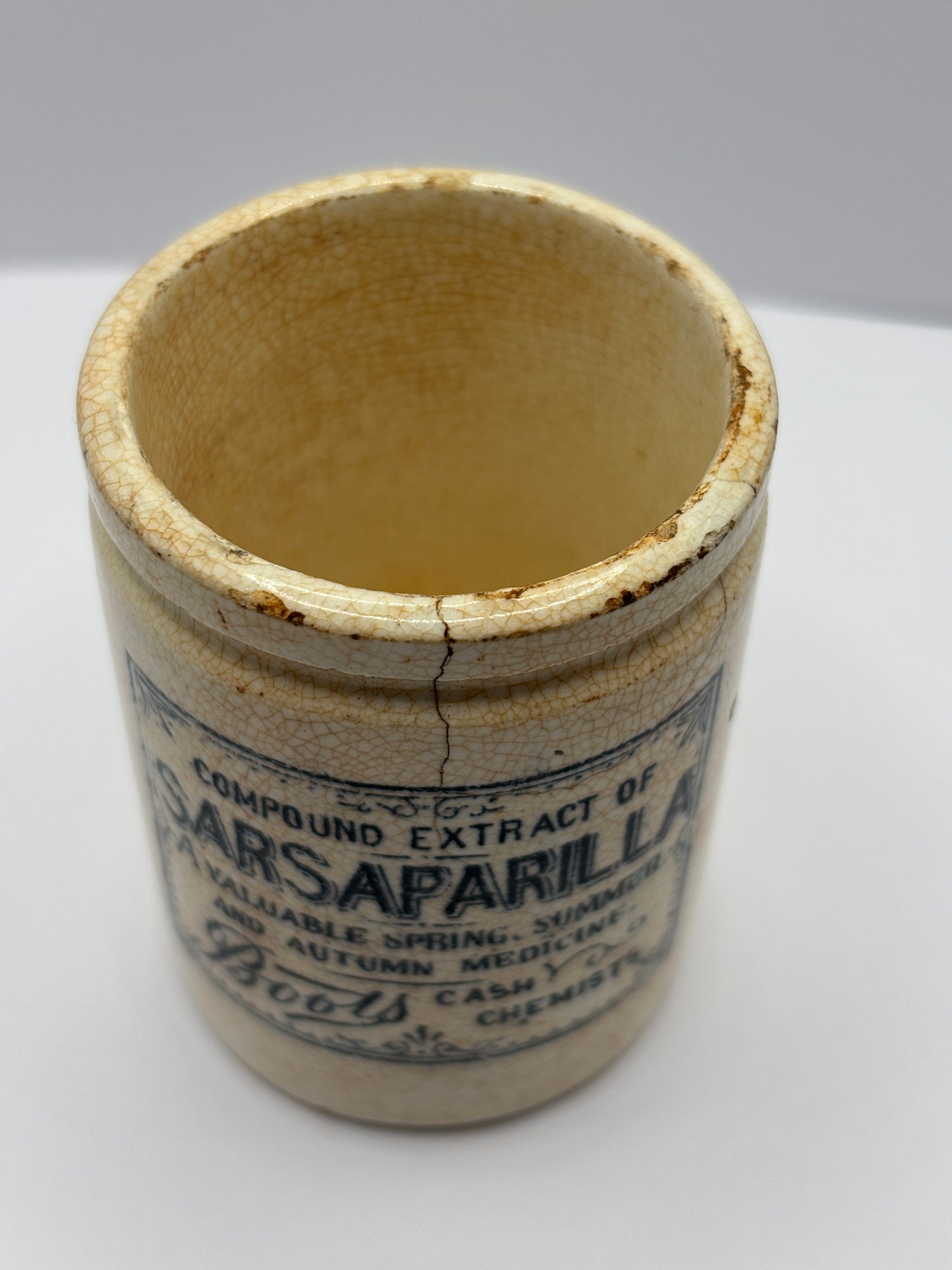 Old stained & crazed advertising Boots sarsaparilla jar