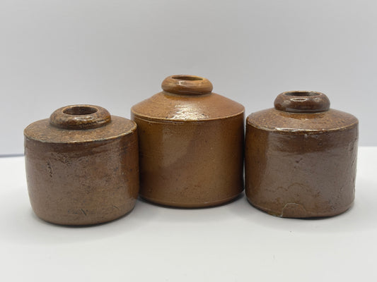 3 old stoneware pork pie inks, inkwells