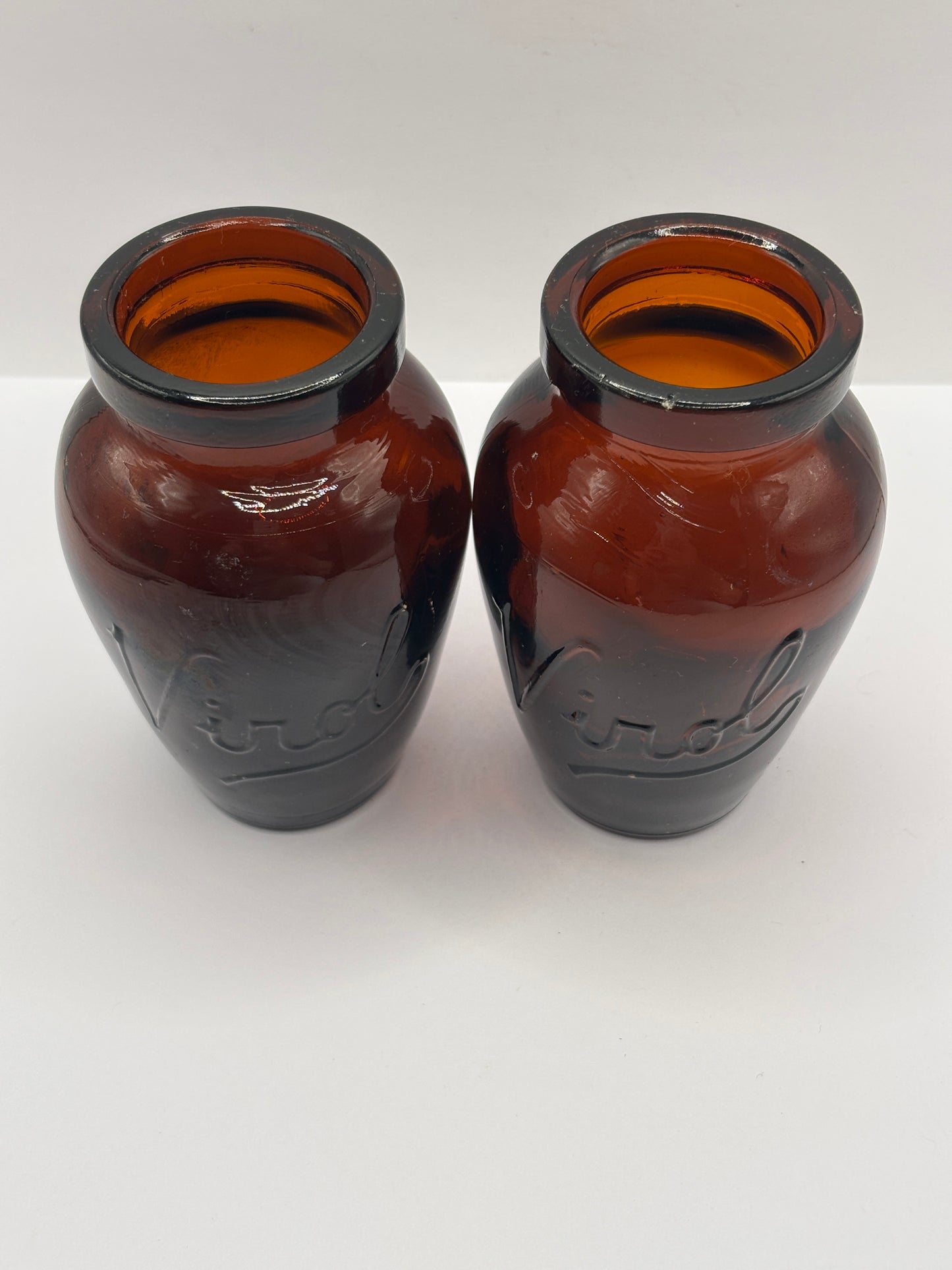 2 Old amber glass Virol jars
