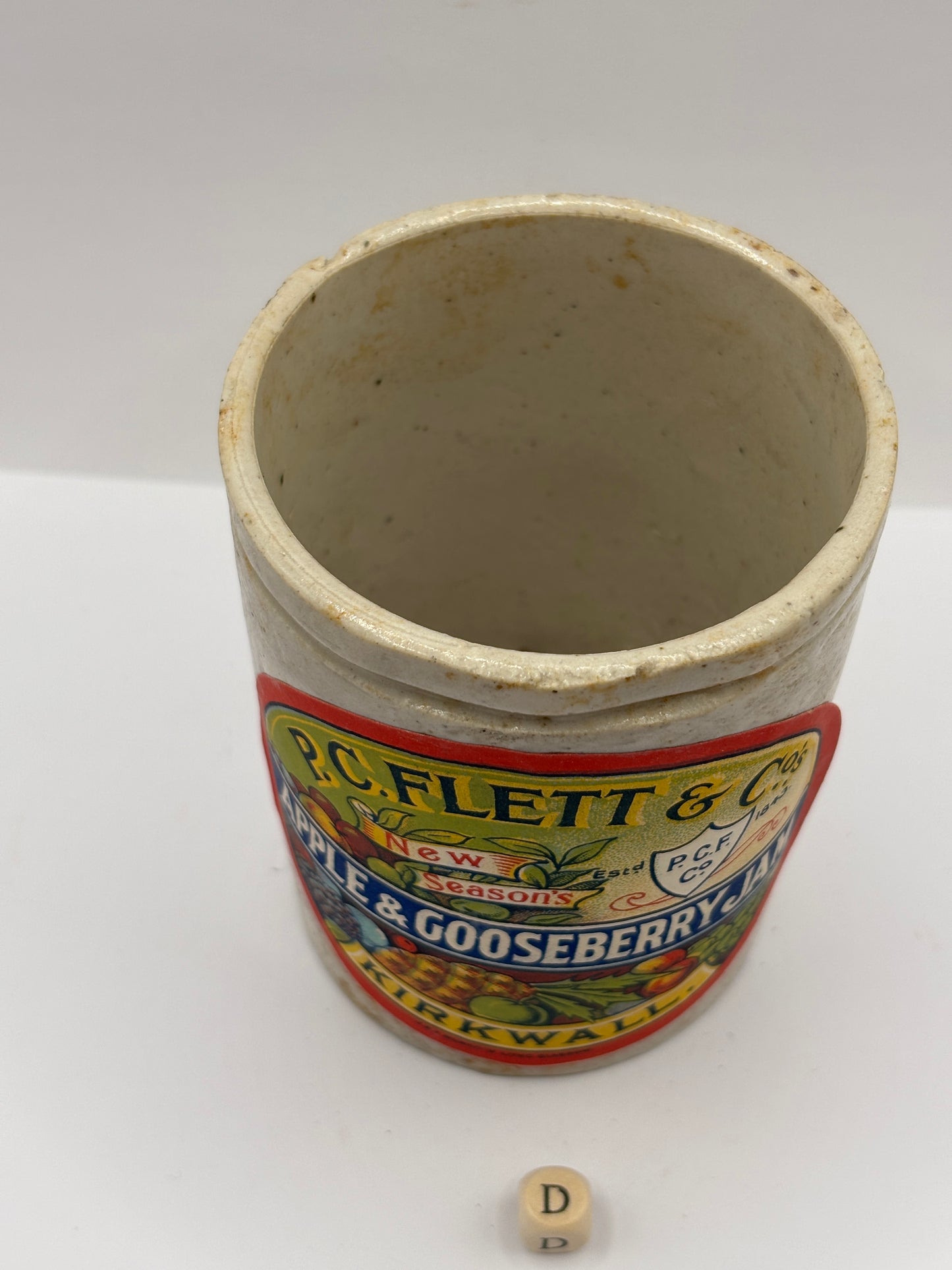 Old 1lb ribbed stoneware jam pot with added label (D)