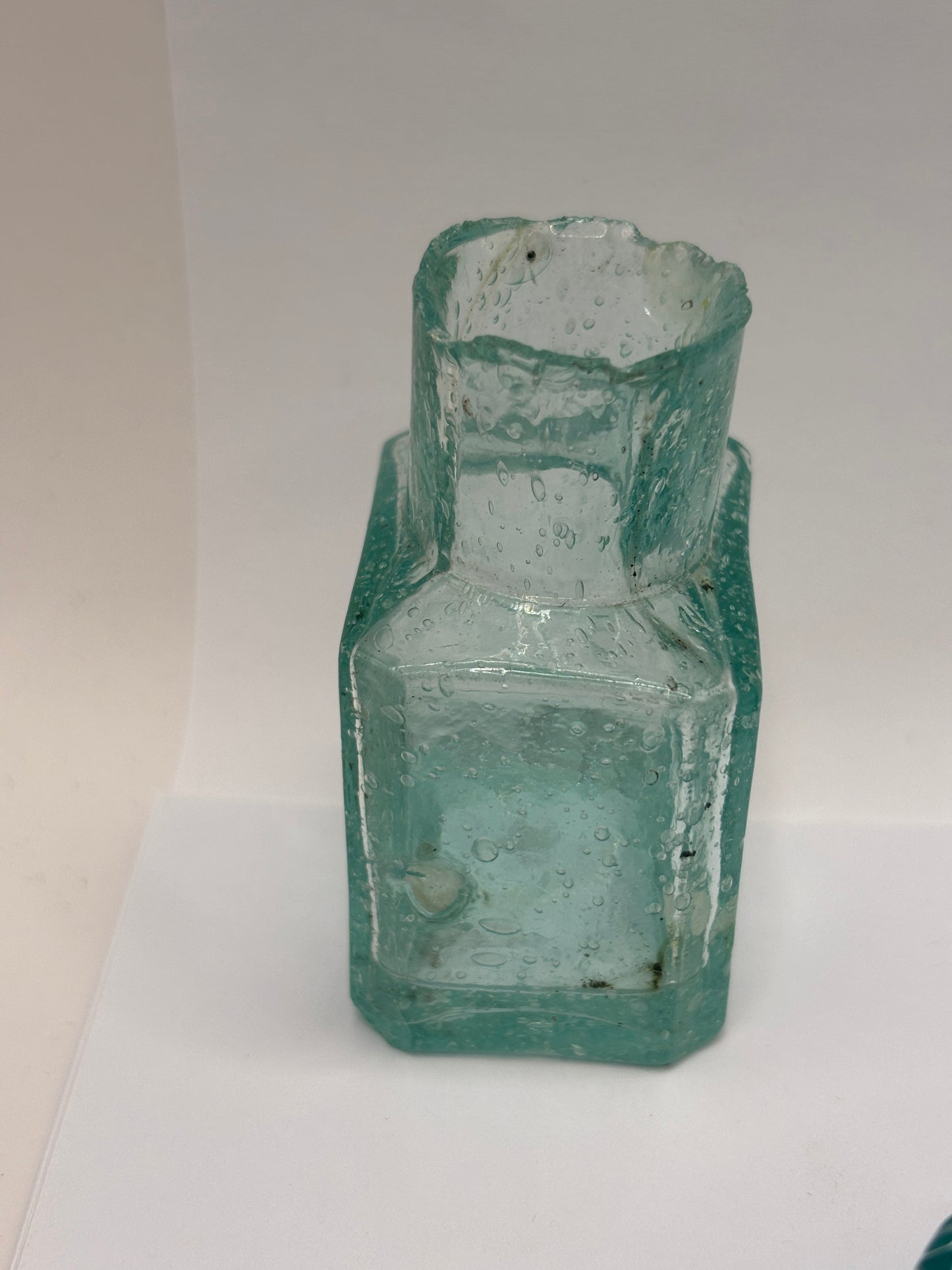 old aqua glass ink,inkwell, ink bottle. bubbly ink