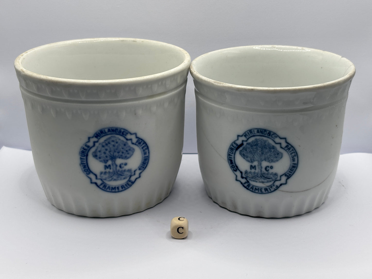 2 Old belgian stoneware jam/ preserve pots damaged (C)