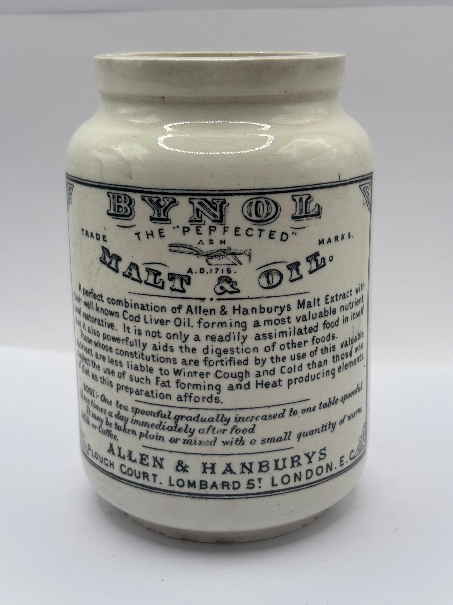 Old advertising jar, Bynol the perfected malt & oil