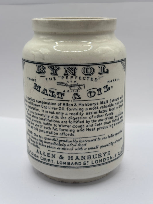 Old advertising jar, Bynol the perfected malt & oil