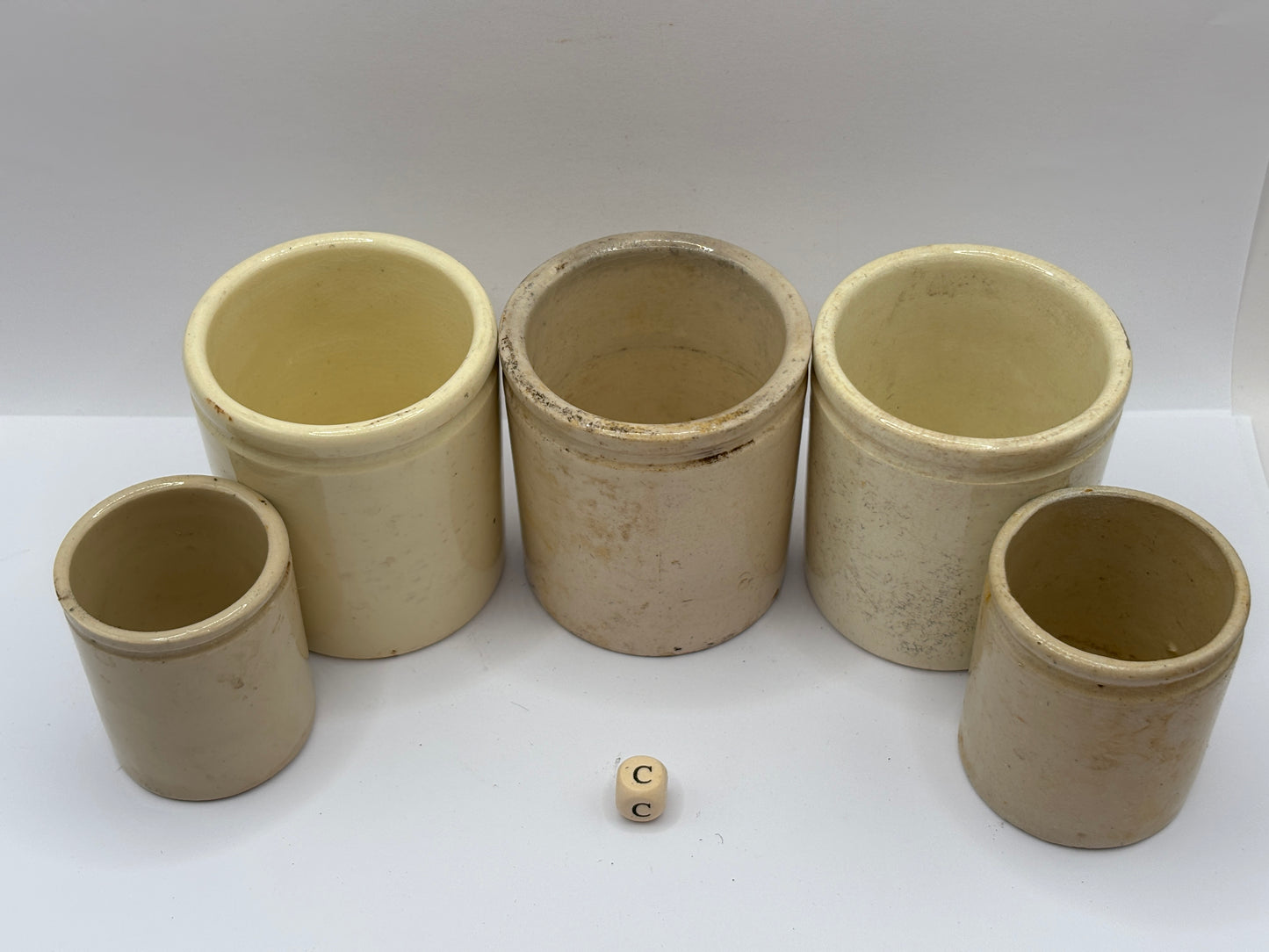 5 old small stoneware jars & pots (c)