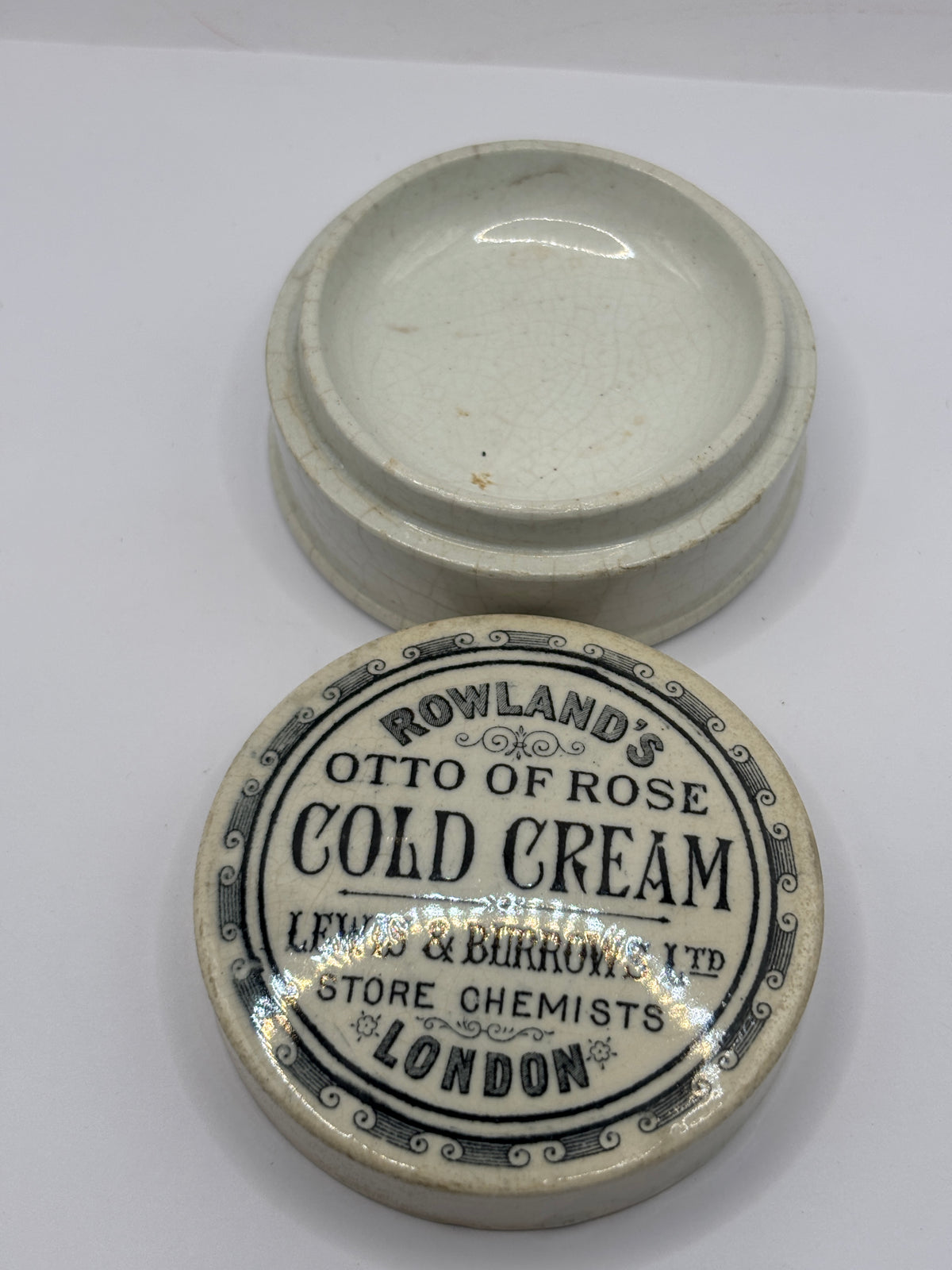 Old advertising lid and base. Rowlands Otto of rose cold cream