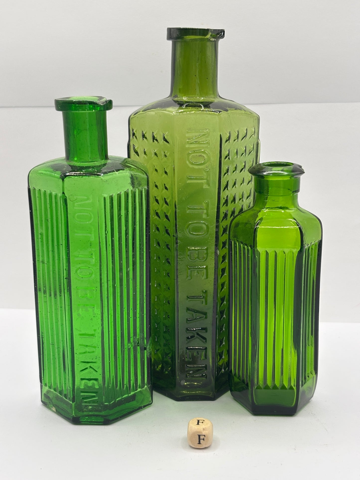 3 old green glass poison bottles, chipped (F)