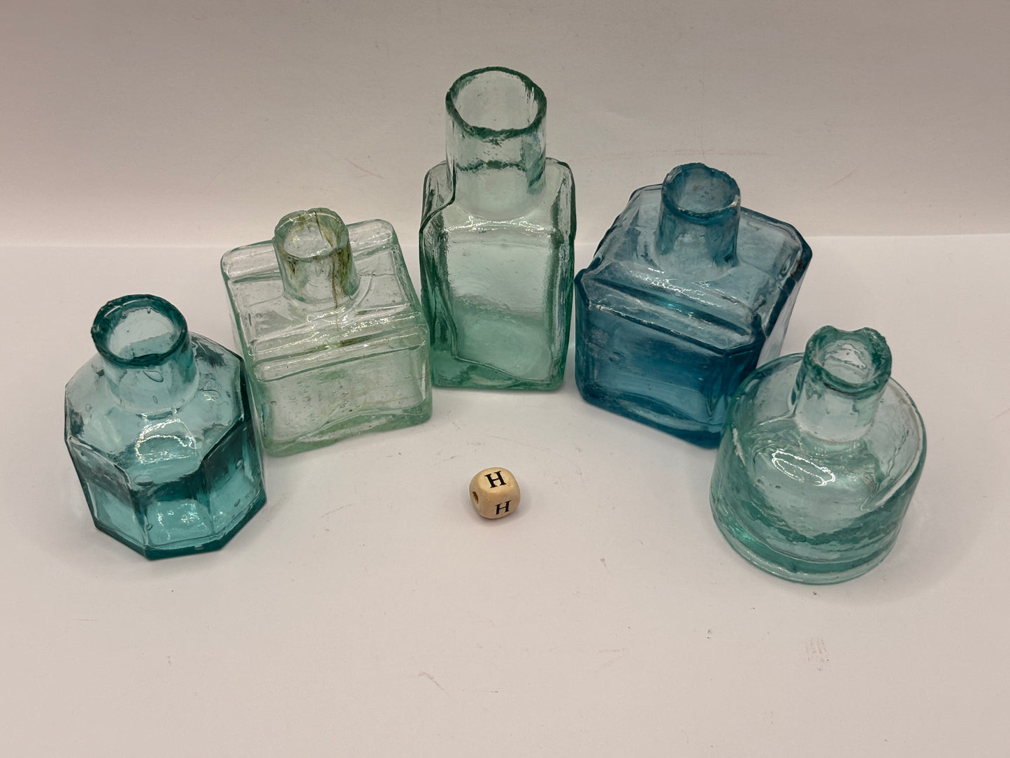 5 old aqua glass inks, inkwells, ink bottles, penny ink (H)