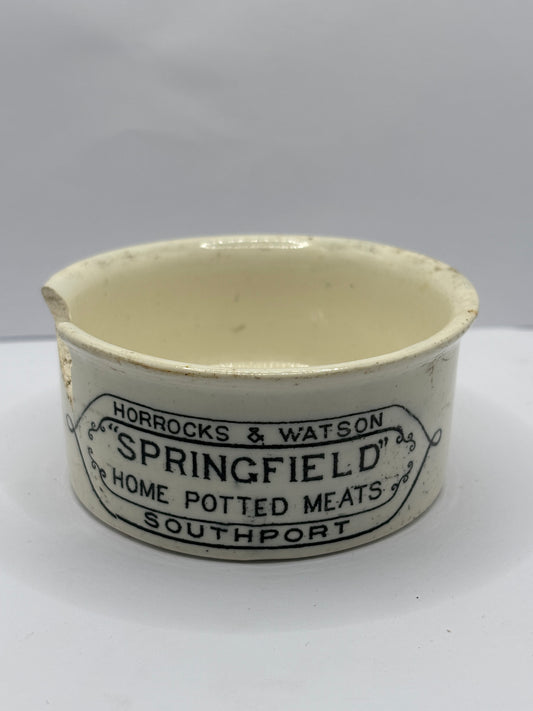 Springfield potted meats advertising pot. Damaged