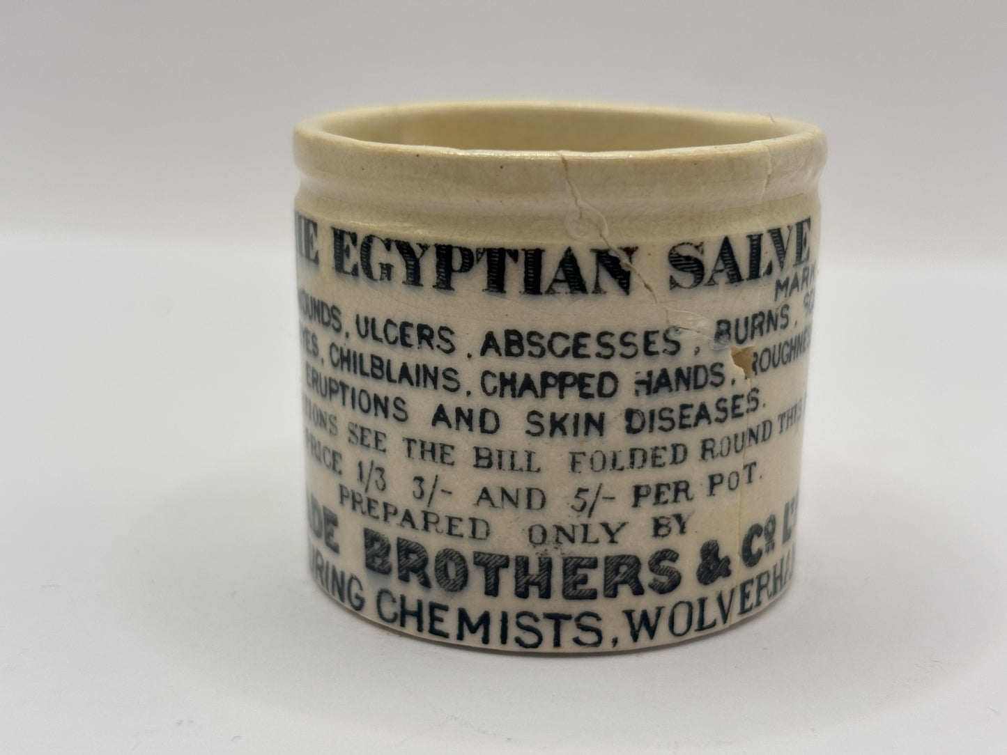 Old advertising ointment pot, The Egyptian salve. Damaged