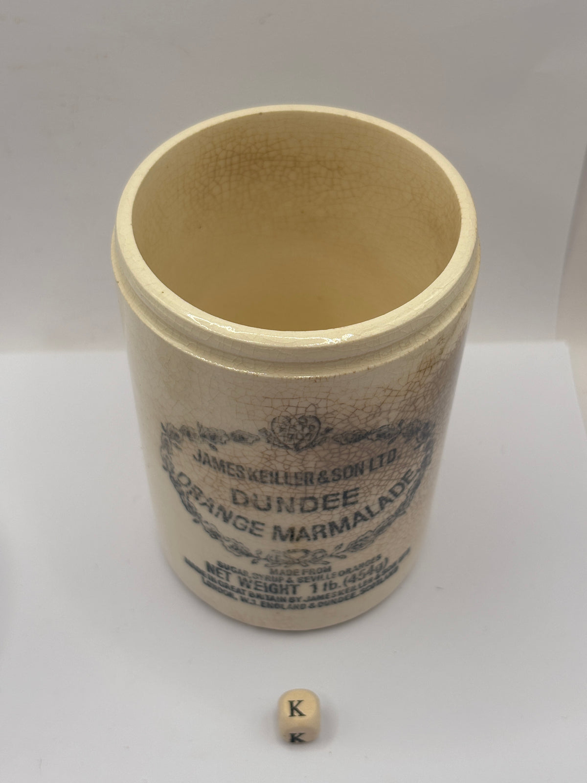 Old 1lb stoneware marmalade pot, James Keiller Dundee marmalade (K)
