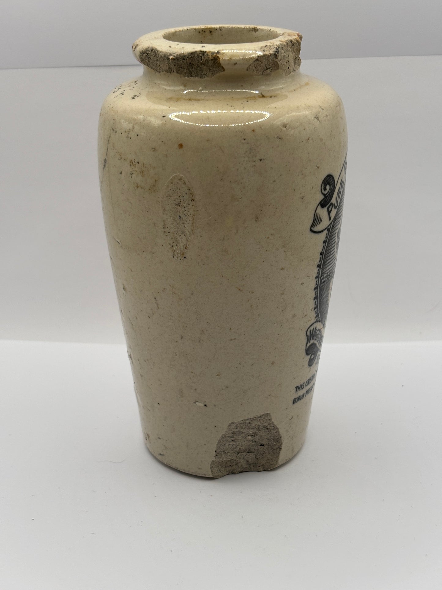 Old tall stoneware advertising cream pot, pure fresh cream Stranraer. Damaged